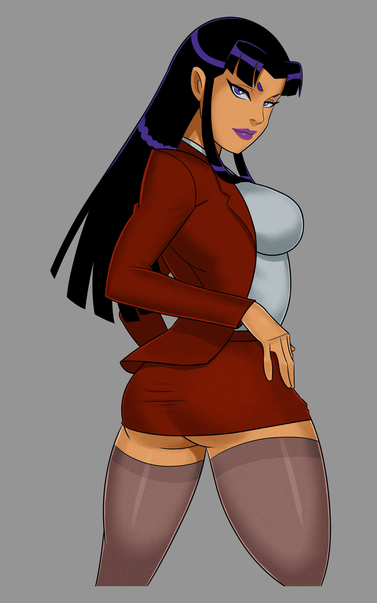 1girls, 2d, alien girl, black hair, blackfire, breasts, busty, clothed female, commission, dc, dc comics, dcau, female, female only, humanoid, komand'r, long hair, looking at viewer, looking back, orange skin, outside, purple eyes, solo, solo female, stockings, straight hair, sunsetriders7, tagme, tan skin, tan-skinned female, teen titans, uniform