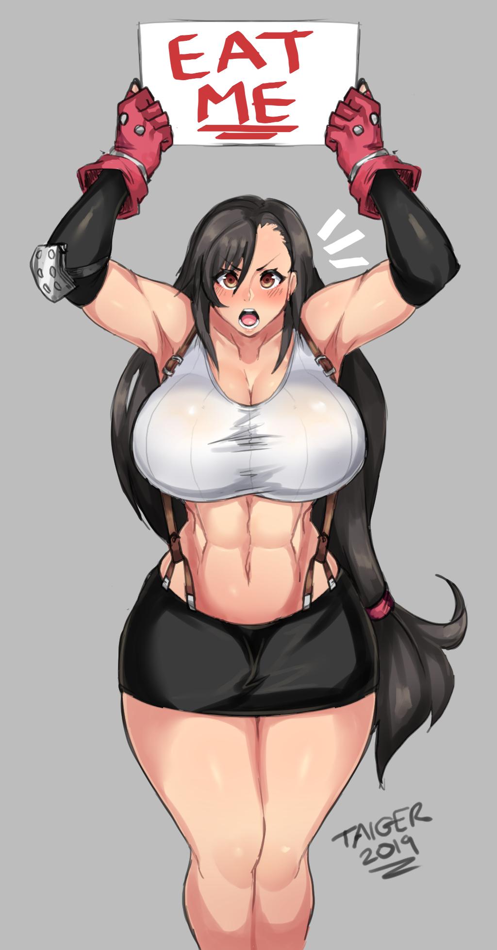 1girls, 2019, abs, alternate breast size, armpits, ass, bare shoulders, belly, big ass, big breasts, big butt, black hair, blush, breasts, breasts bigger than head, brown eyes, cleavage, clothed, eye contact, female, female only, final fantasy, final fantasy vii, gloves, hips, holding, holding sign, huge ass, huge breasts, huge butt, human, large ass, large breasts, large butt, legs together, long hair, looking at viewer, midriff, muscular, muscular female, naughty face, navel, open mouth, seductive, shirt, sign, skirt, solo, solo female, suspenders, taigerarts, text, thick, thick ass, thick thighs, thighs, tifa lockhart, top heavy, watermark, wide hips