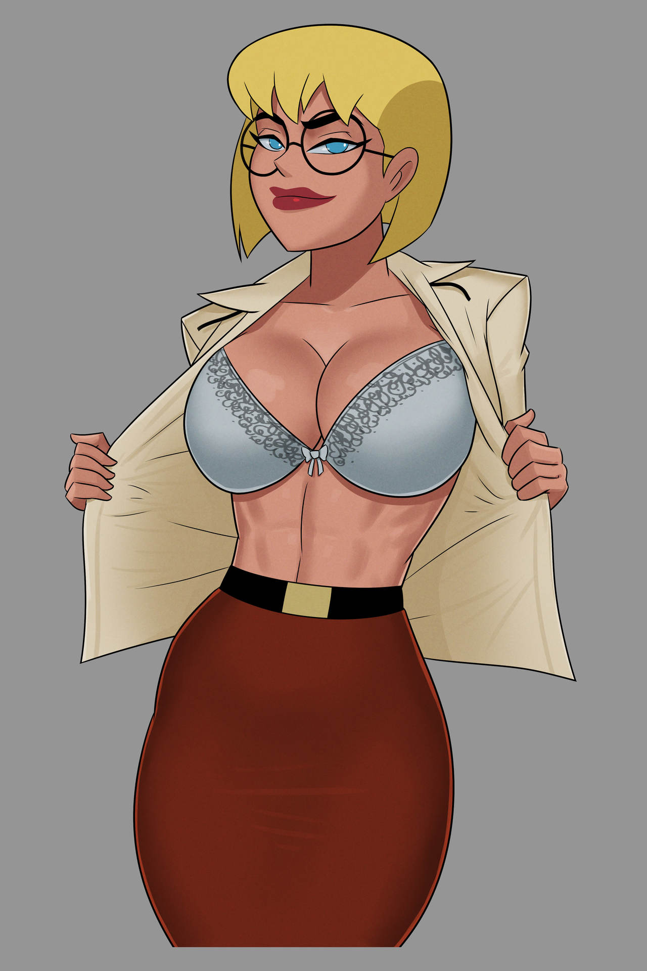 1girls abs blonde_hair bra busty cartoon_network dc dc_comics dcau fit_female galatea glasses huge_breasts justice_league justice_league_unlimited looking_at_viewer muscular_female naughty_face open_clothes open_shirt opened_by_self seductive seductive_smile short_hair smile solo sunsetriders7 tagme toonami