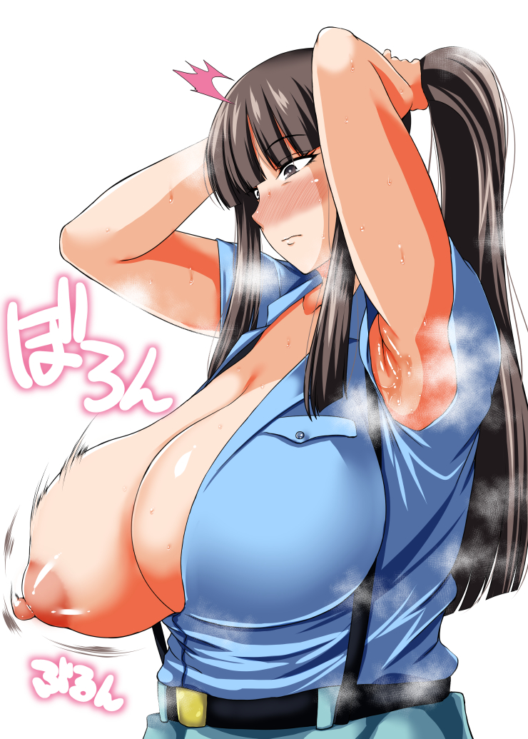 1girls aoshidan_school_uniform armpits arms_up belt black_hair blue_shirt blush bouncing_breasts breast_slip breasts brown_eyes cleavage closed_mouth collarbone eyebrows_visible_through_hair female girls_und_panzer huge_breasts long_hair milf nipples nishizumi_shiho no_bra one_breast_out open_clothes open_shirt ozyasadayo school_uniform shiny shiny_hair shiny_skin shirt simple_background solo surprised suspenders sweat wardrobe_malfunction white_background