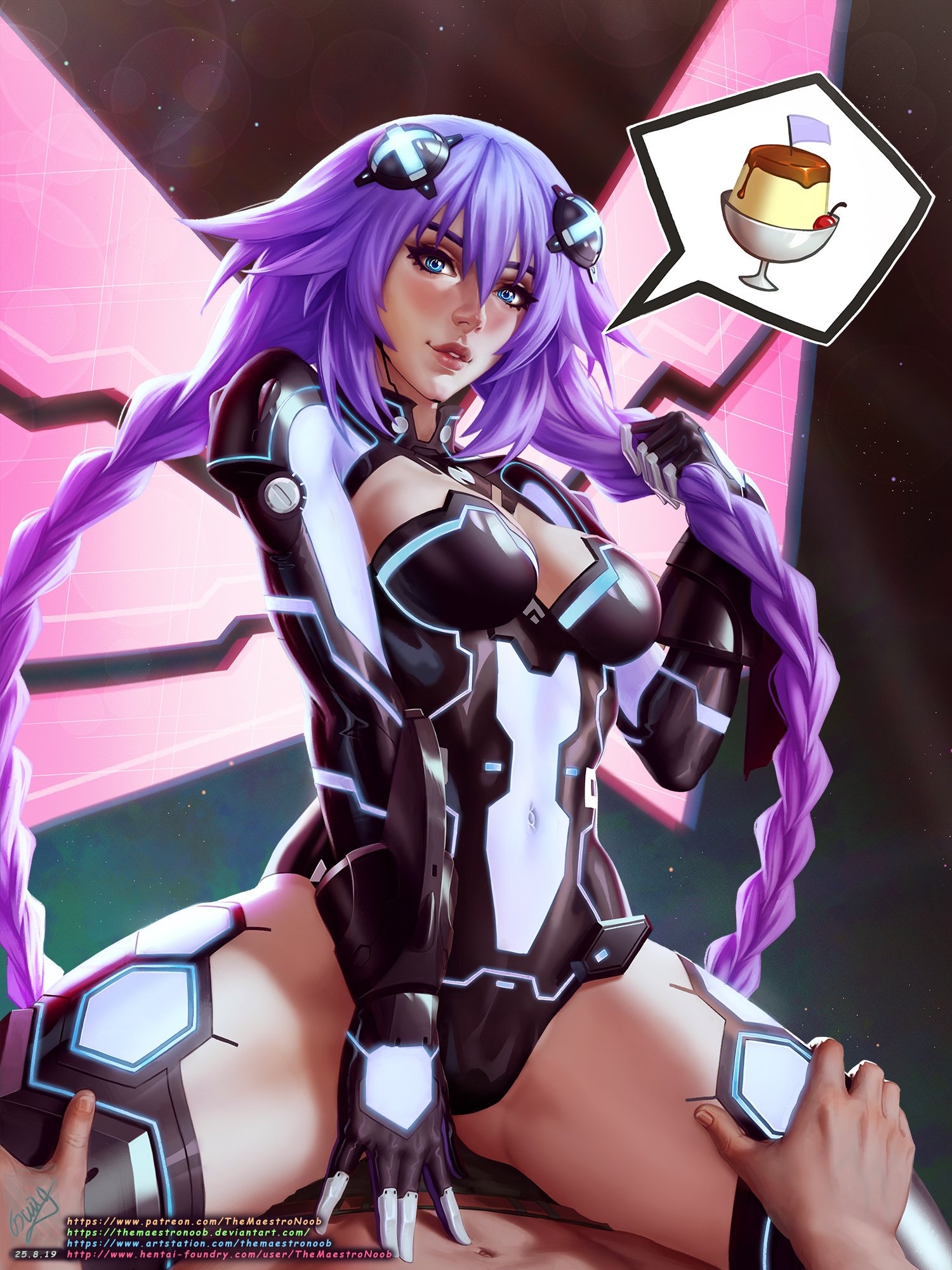 1boy, 1girls, bodysuit, breasts, cleavage, female, long hair, looking at viewer, male, neptunia (series), purple heart (neptunia), skin tight, solo focus, spread legs, themaestronoob, thighhighs