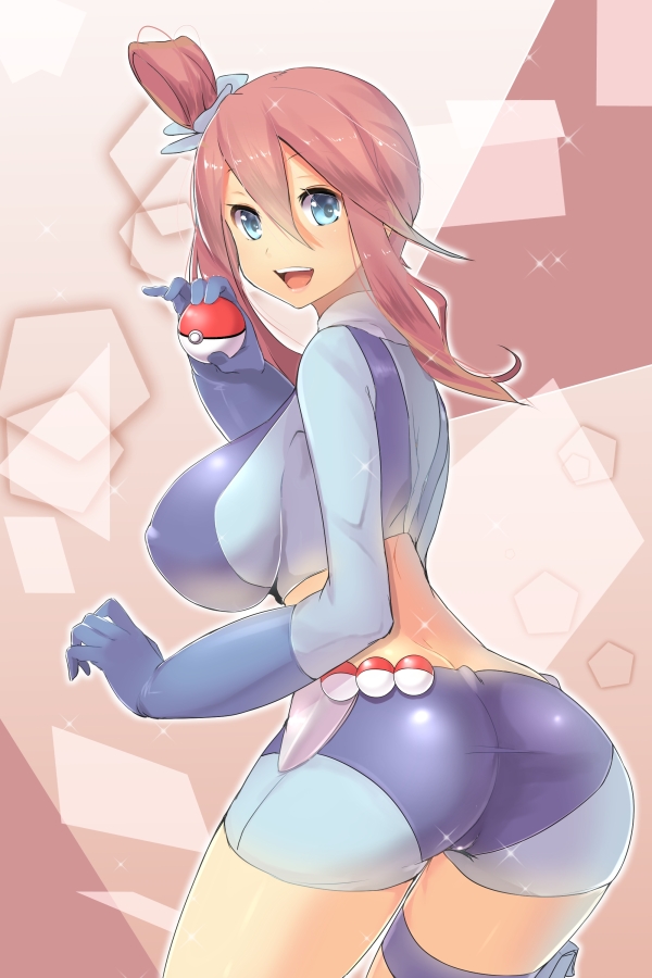 1girls, arched back, ass, bangs, blue eyes, blue gloves, breasts, female, gloves, hair between eyes, holding poke ball, large breasts, looking at viewer, looking back, magister (bigbakunyuu), maroon hair, nipple bulge, open mouth, pokeball, pokemon, pokemon bw, presenting hindquarters, red hair, short ponytail, short shorts, shorts, side ponytail, sideboob, skyla (pokemon), smile, teeth, thighs