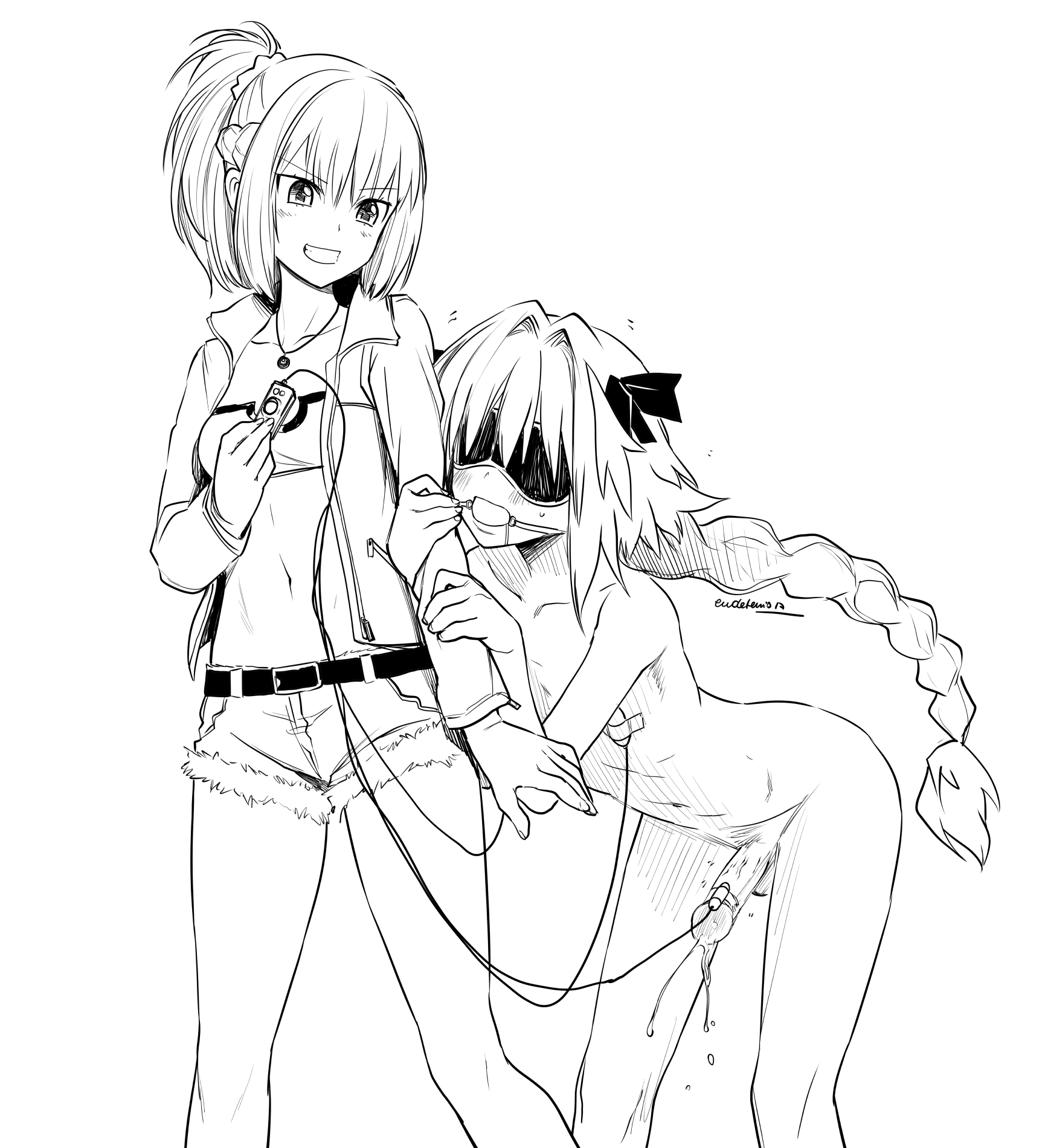 1boy, 1girls, astolfo (fate), clothed female, clothed female nude male, fate (series), female, femboy, femboy on female, femboysub, femdom, girly, greyscale, male, male/female, malesub, mordred (fate), nude, nude male, tagme