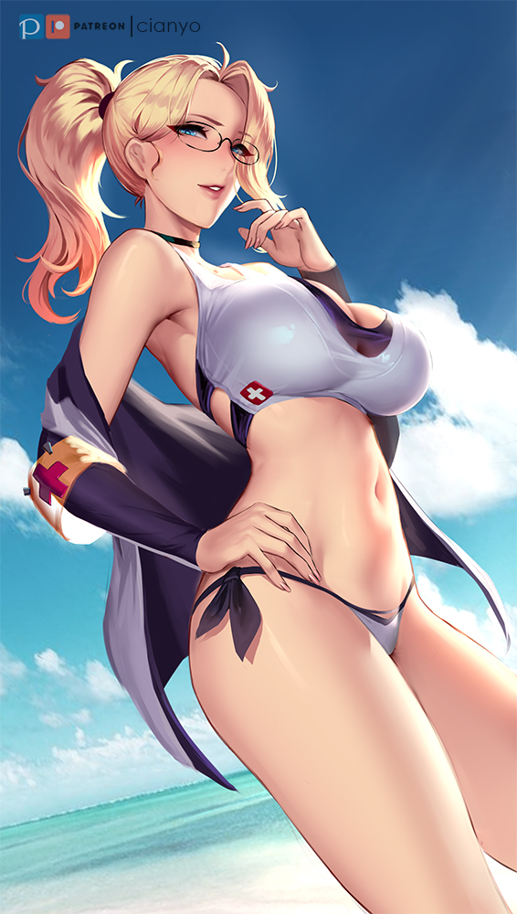 1girls, alternate costume, big breasts, blonde hair, blue eyes, breasts, cianyo, cleavage, female, female only, glasses, large breasts, looking at viewer, mercy, overwatch, patreon, solo