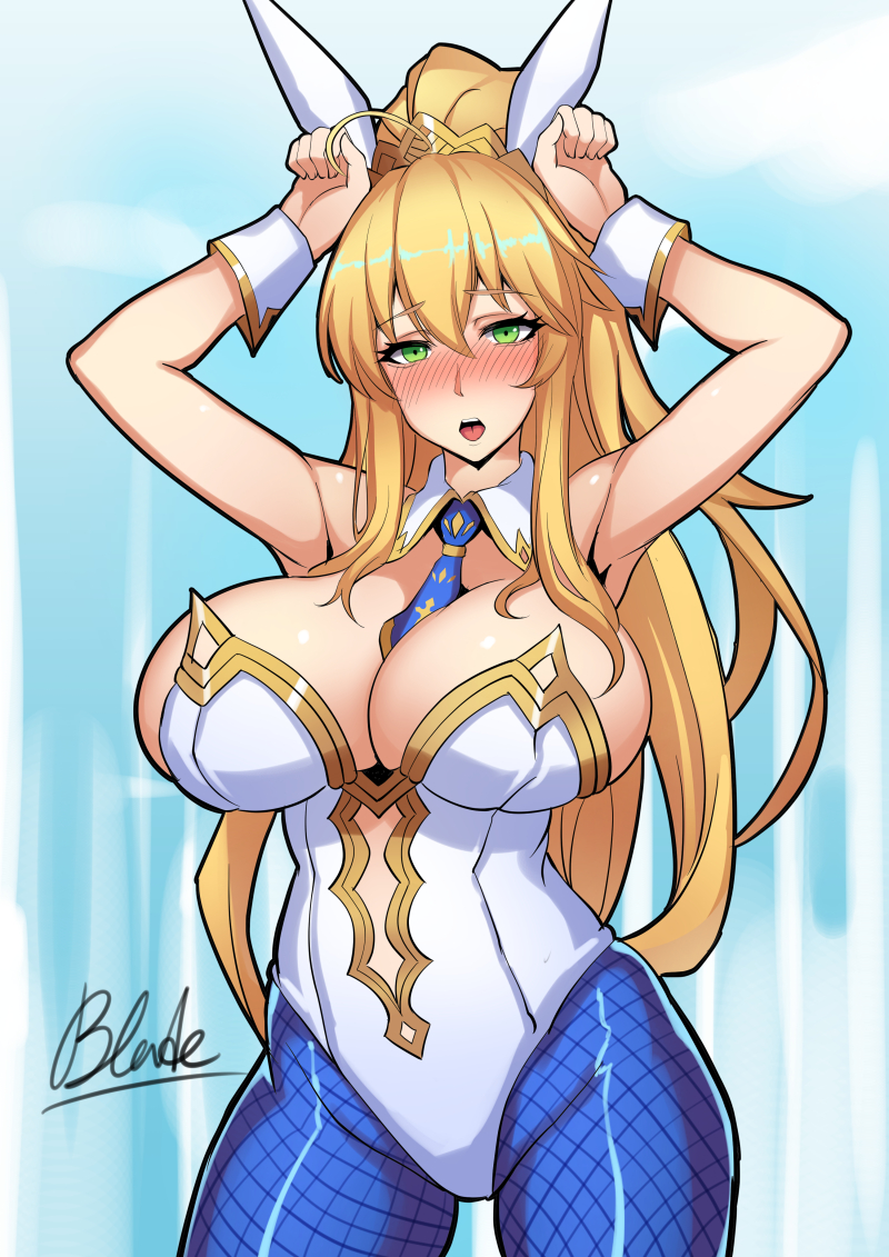 1girls, artoria pendragon, artoria pendragon (swimsuit ruler), blush, breasts, bunny ears, bunny pose, cleavage, fate (series), fate/grand order, female, female only, large breasts, looking at viewer, open mouth, pantyhose, qblade, solo