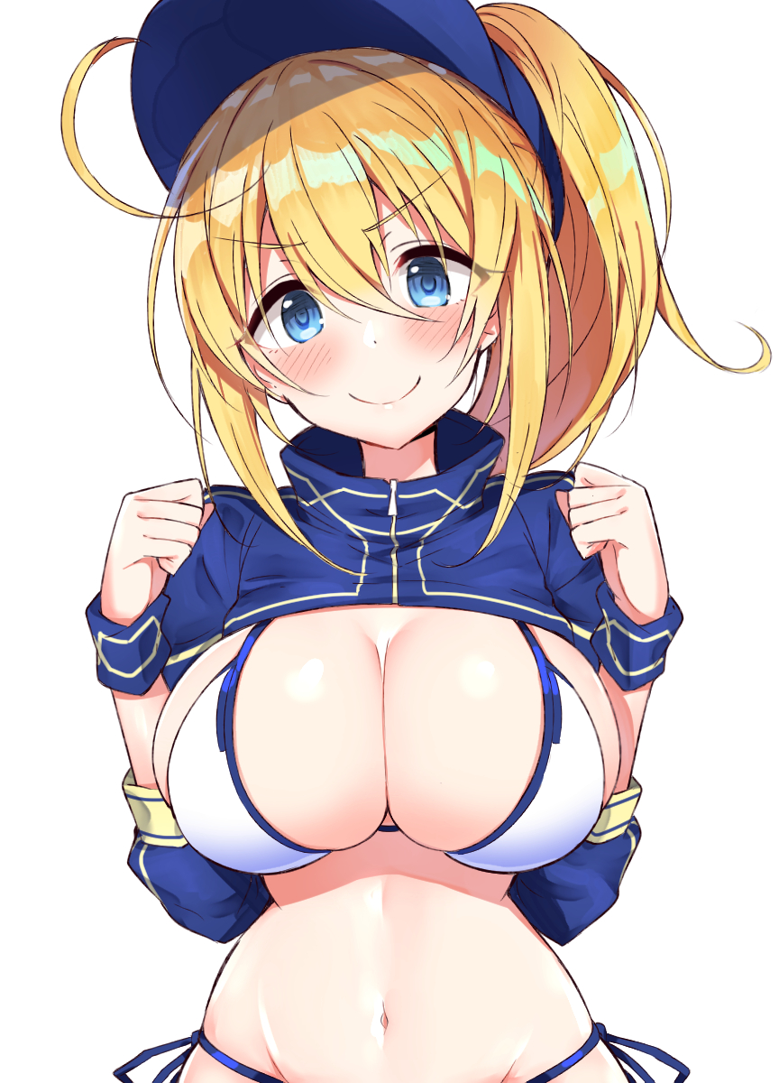 >:) ahoge artoria_pendragon baseball_cap bikini blonde_hair blue_eyes blush breasts cleavage clenched_hands fate/grand_order fate_(series) female hands_up hat highres ichi-jirushi large_breasts long_hair looking_at_viewer mysterious_heroine_xx_(foreigner) navel ponytail shirt_lift shrug_(clothing) side-tie_bikini simple_background smile solo swimsuit white_background white_bikini wristband