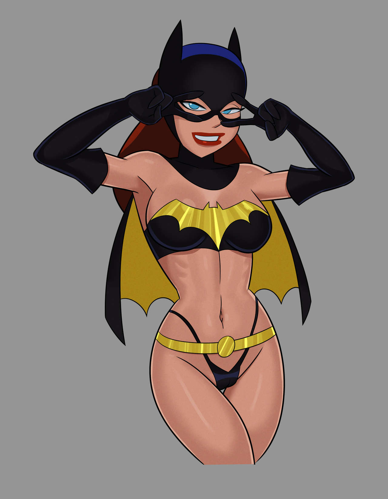 1girls, armpits, arms up, barbara gordon, batgirl, batgirl (barbara gordon), batman (series), batman: the animated series, belt, blue eyes, breasts, busty, cameltoe, cape, clothed, cowl, dancing, dc, dc comics, dcau, elbow gloves, eyelashes, female, female only, large breasts, looking at viewer, navel, pose, pussy, red hair, red lipstick, revealing clothes, skimpy clothes, smiling, smiling at viewer, solo, something unlimited, sunsetriders7, tagme, thigh gap, thong