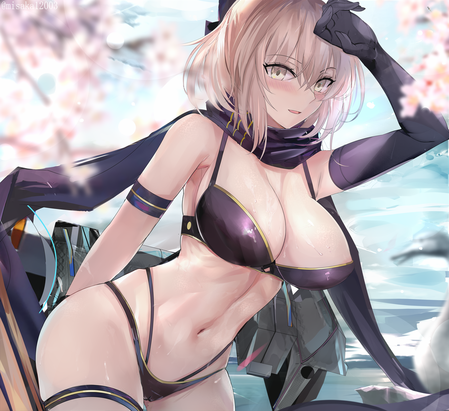 1girls bikini black_bikini black_gloves black_scarf blonde_hair blush bow breasts cleavage fate/grand_order fate_(series) female female_only gloves hair_bow large_breasts looking_at_viewer misaka12003 misaka_12003-gou misako12003 navel okita_souji_(fate)_(all) okita_souji_(swimsuit_assassin)_(fate) scarf short_hair single_glove solo swimsuit