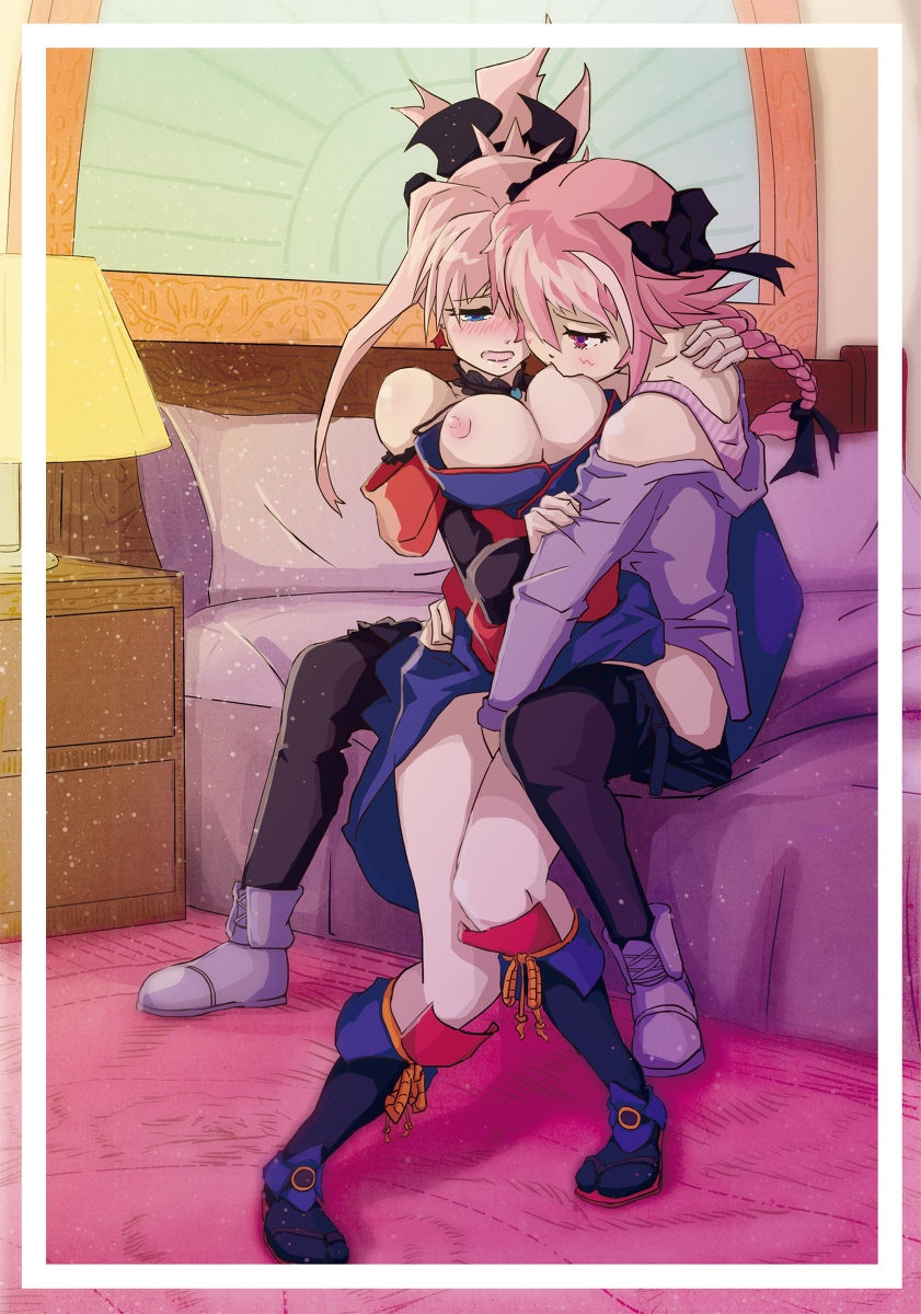 1boy, 1girls, astolfo (fate), blush, breast sucking, breasts, breasts out, crossdressing, cute, cute femboy, fate (series), fate/grand order, female, femboy, femboy on female, femboy with female, femboy/female, femboydom, fingering, horny female, horny femboy, male, miyamoto musashi (fate), nipple suck, otoko no ko, small dom big sub, straight, straight sex, straight trap, sucking nipples, trap