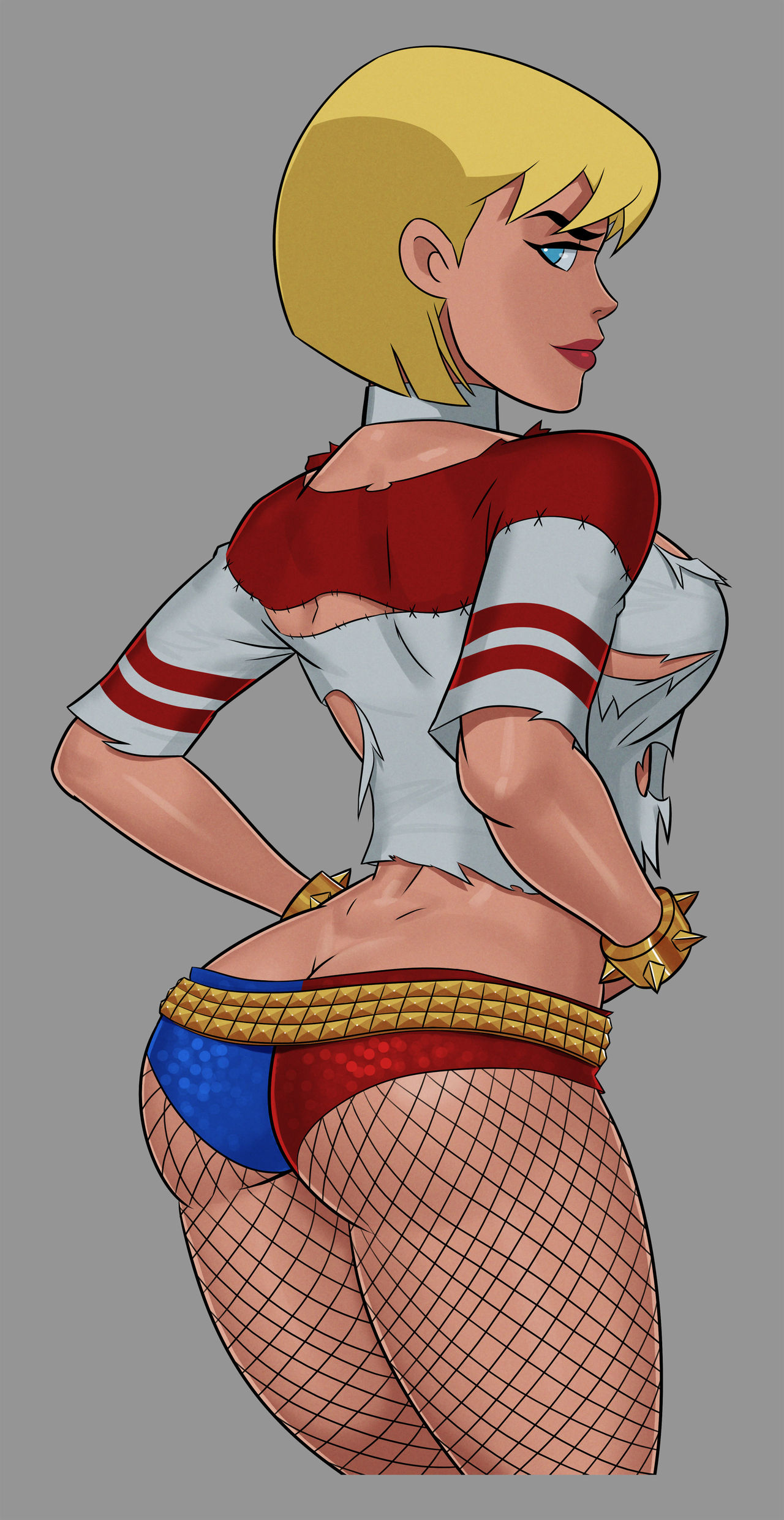 1girls, batman (series), biceps, blonde hair, breasts, busty, cosplay, dc, dc comics, dcau, female, female only, galatea, harley quinn (cosplay), justice league unlimited, short hair, sleeves rolled up, solo, sunsetriders7, superman (series), tagme