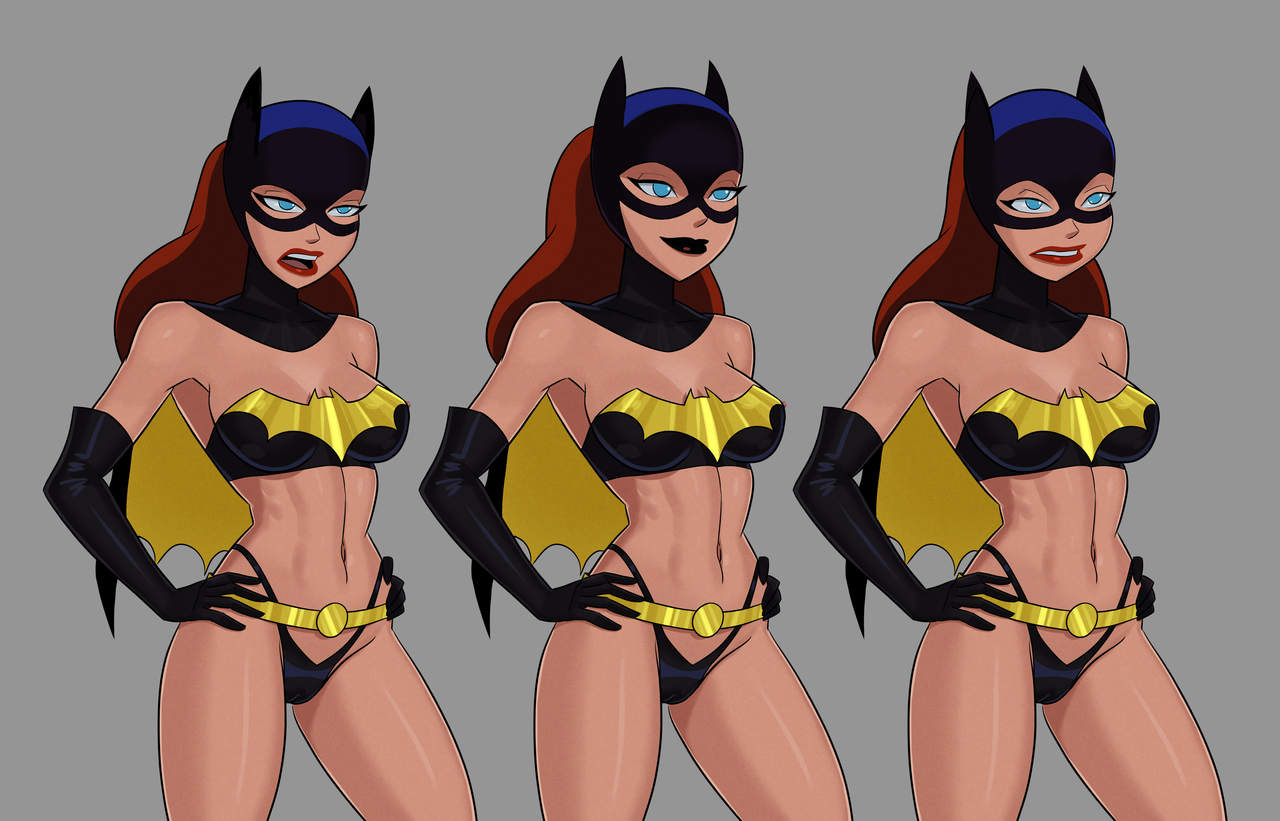 3girls, armpits, athletic, barbara gordon, batgirl, batgirl (barbara gordon), batman (series), batman: the animated series, belt, black lipstick, blue eyes, breasts, busty, cameltoe, cape, confident, cowl, dc, dc comics, dcau, elbow gloves, eyelashes, female, female only, hands on hips, multiple females, multiple girls, navel, pussy, red hair, red lipstick, smiling, solo, something unlimited, sunsetriders7, tagme, thong