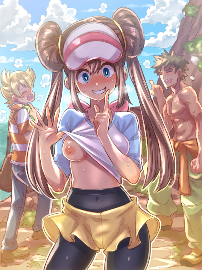 1girls 2boys abs barry_(pokemon) black_legwear blonde_hair blush breasts breath brock_(pokemon) brown_hair closed_eyes clothed covered_navel dark-skinned_male dark_skin day double_bun eye_contact female finger_to_mouth flashing frilled_shorts frills grin hat heavy_breathing legwear_under_shorts looking_at_viewer mimonel multiple_boys nintendo nipples one_breast_out open_mouth oppai_challenge outdoors outside pantyhose pokemon pokemon_bw2 pokemon_dppt pokemon_masters pokemon_rgby rock rosa_(pokemon) shirt shirt_lift shirtless shorts shushing skirt sky smile standing sweat teeth topless twintails visor_cap