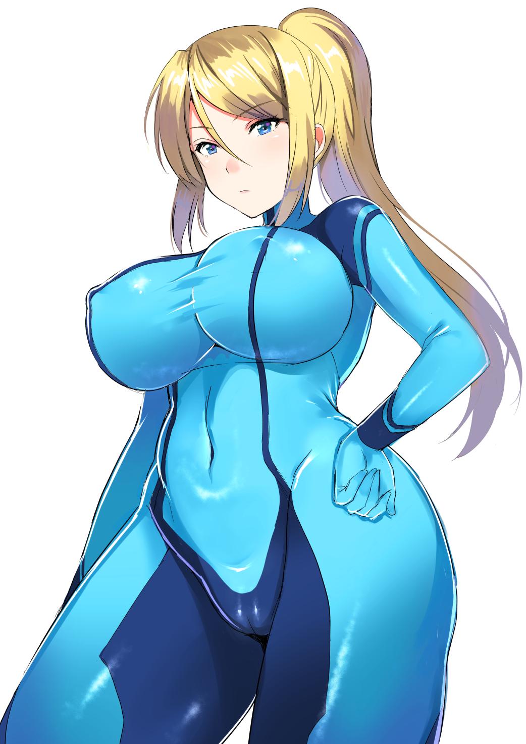 1girls, blonde hair, blue eyes, bodysuit, breasts, cameltoe, covered navel, curvy, erect nipples, eyebrows visible through hair, female, hair between eyes, hand on hip, huge breasts, jpeg, looking at viewer, metroid, nintendo, nipple bulge, nipples, ponytail, pussy, samus aran, shigu (wolfganggw), sidelocks, simple background, skin tight, solo, thick thighs, thighs, wide hips, zero suit, zero suit samus
