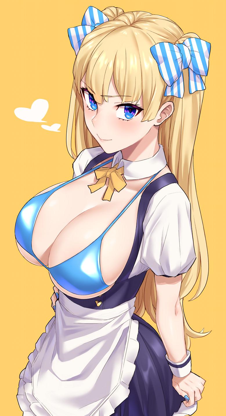 1girls, bangs, big breasts, bikini, bikini top, blonde hair, blue bikini top, blue eyes, blue nail polish, blue nails, blush, bow, breasts, cleavage, female, fingernails, hair between eyes, hairbow, hand on hip, heart, large breasts, long hair, looking at viewer, maid, maid uniform, nail polish, original, twitter