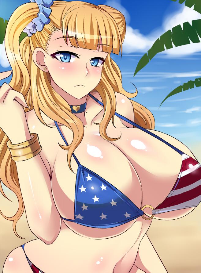 1girls american_flag american_flag_bikini asymmetrical_hair bangs beach bikini blue_eyes blunt_bangs blush bracelet breasts choker cleavage earrings flag_print galko gyaru hair_bun hair_ornament hair_scrunchie huge_breasts jewelry long_hair navel nishida_megane ocean one_side_up oshiete!_galko-chan scrunchie side_bun solo strap_gap swimsuit underboob