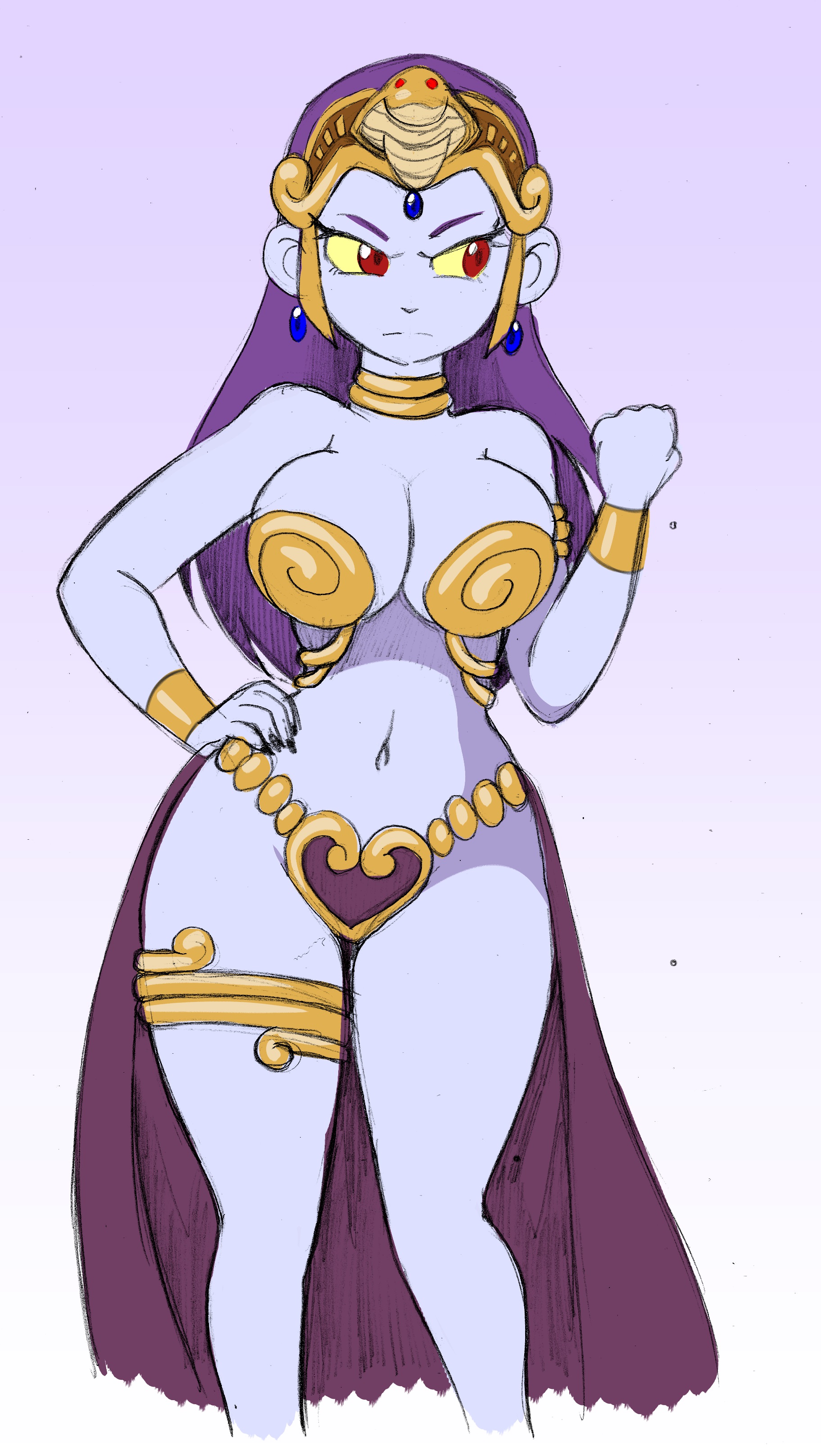 1girls, annoyed, bracelet, breasts, cleavage, collar, dancer outfit, earrings, female, female only, hand on hip, hand up, harem outfit, jewelry, large breasts, legs, looking away, navel, omegasunburst, purple hair, purple skin, red eyes, risky boots, shantae, smooth skin, thighlet, thighs, wide hips