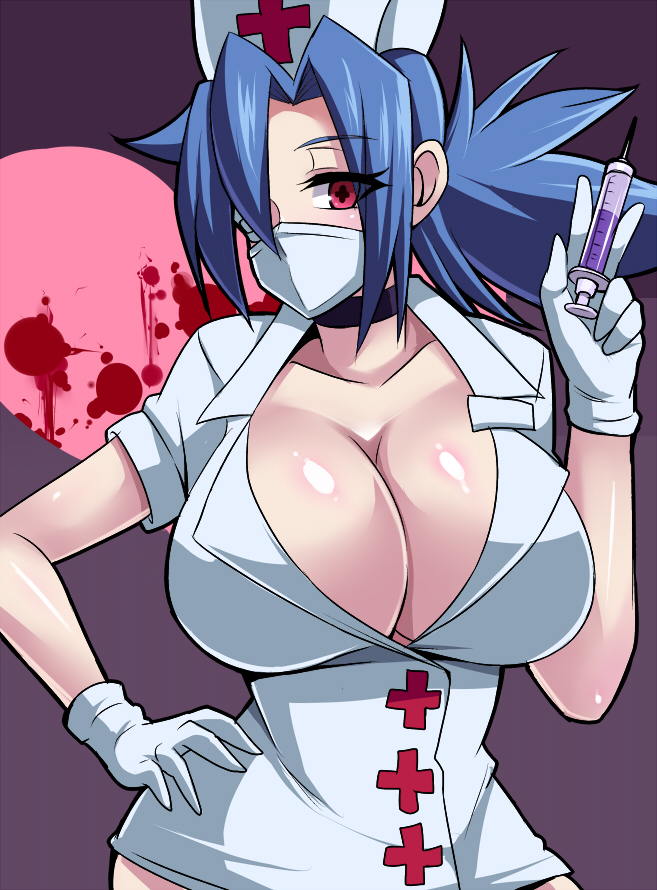 1girls blue_hair breasts choker cleavage gloves hair_over_one_eye hand_on_hip heart large_breasts latex_gloves nishida_megane nurse nurse_cap red_eyes short_hair skullgirls solo surgical_mask symbol-shaped_pupils syringe valentine_(skullgirls)