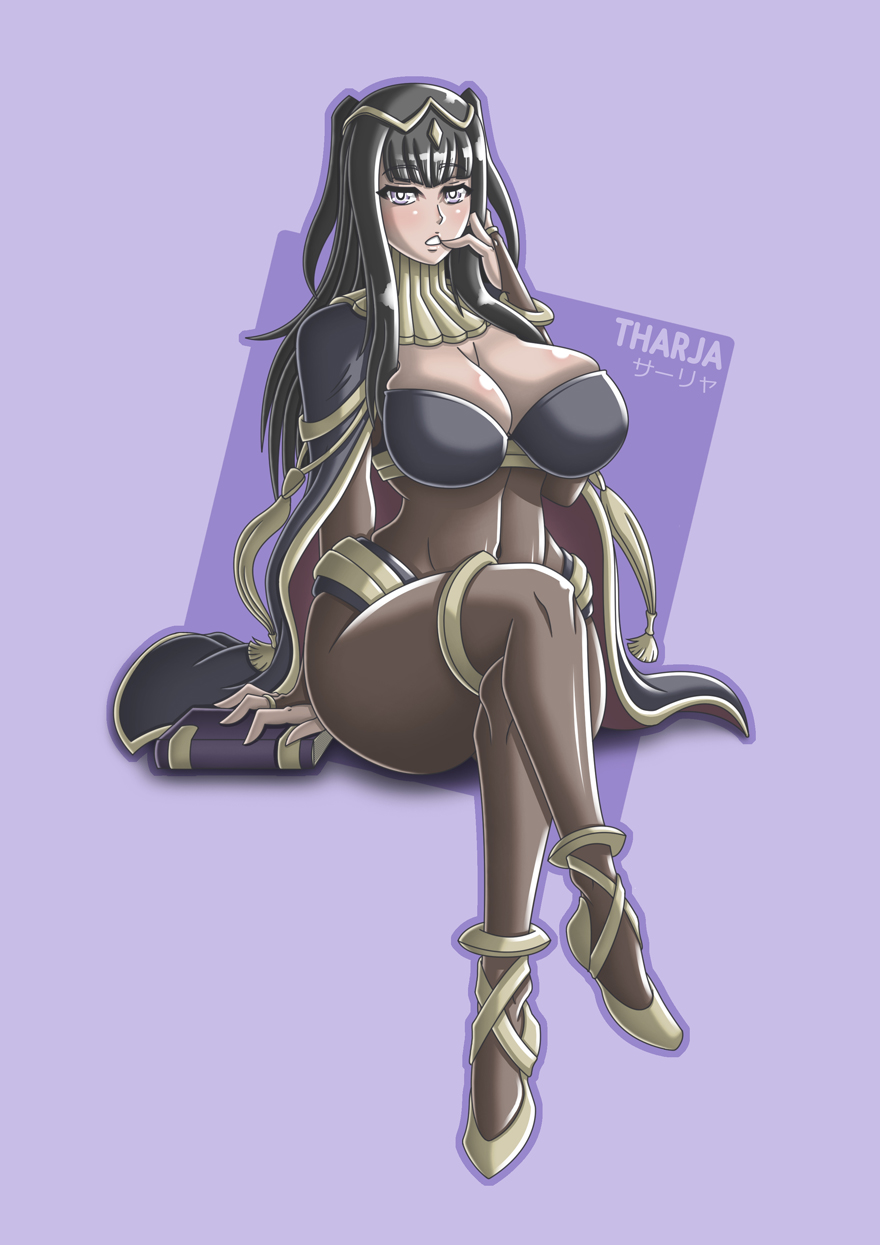 1girls, arm support, black hair, blunt bangs, bodystocking, bodysuit, breasts, bridal gauntlets, cape, cleavage, covered navel, crossed legs, female, finger to mouth, fire emblem, fire emblem awakening, hair ornament, high heels, huge breasts, jewelry, long hair, looking at viewer, parted lips, sitting, takilmar, tharja (fire emblem), thick thighs, thighlet, thighs