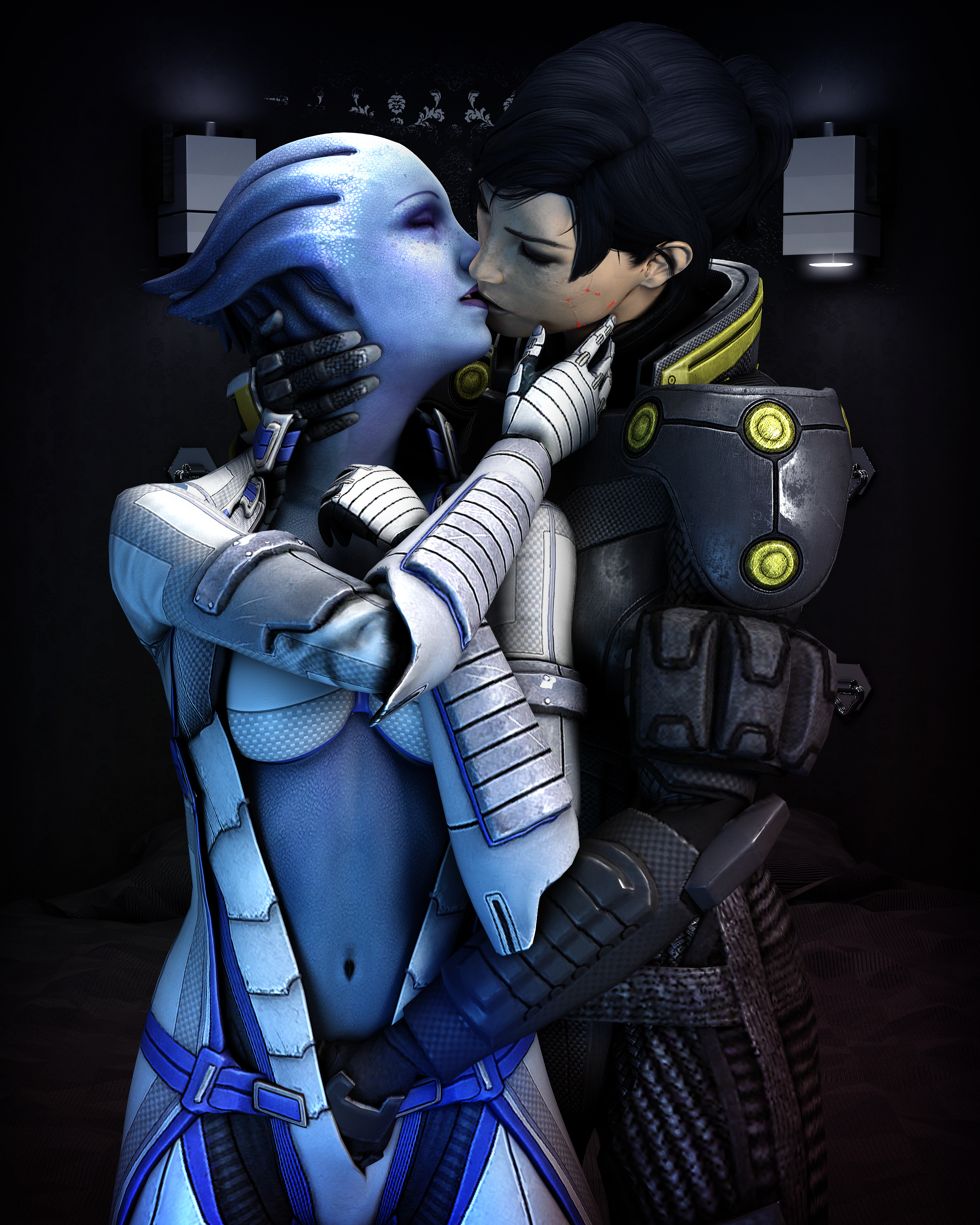 2girls, 3d, alien, alien girl, asari, asarimaniac, black hair, blue skin, closed eyes, clothing, commander shepard, female, female only, femshep, hand on pussy, human, kissing, liara t'soni, mass effect, mostly clothed, pussy, scar, sci-fi, science fiction, short hair, yuri