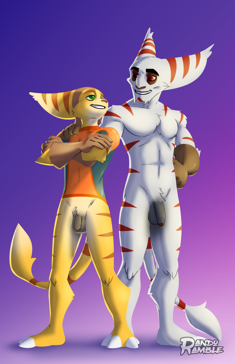 2boys age_difference alister_azimuth anthro artist_logo balls clothing flaccid gloves handwear lombax male male/male male_only mammal muscular muscular_male nude partial_nudity penis randoramble ratchet_(ratchet_and_clank) ratchet_and_clank shirt stripes topwear uncut video_games