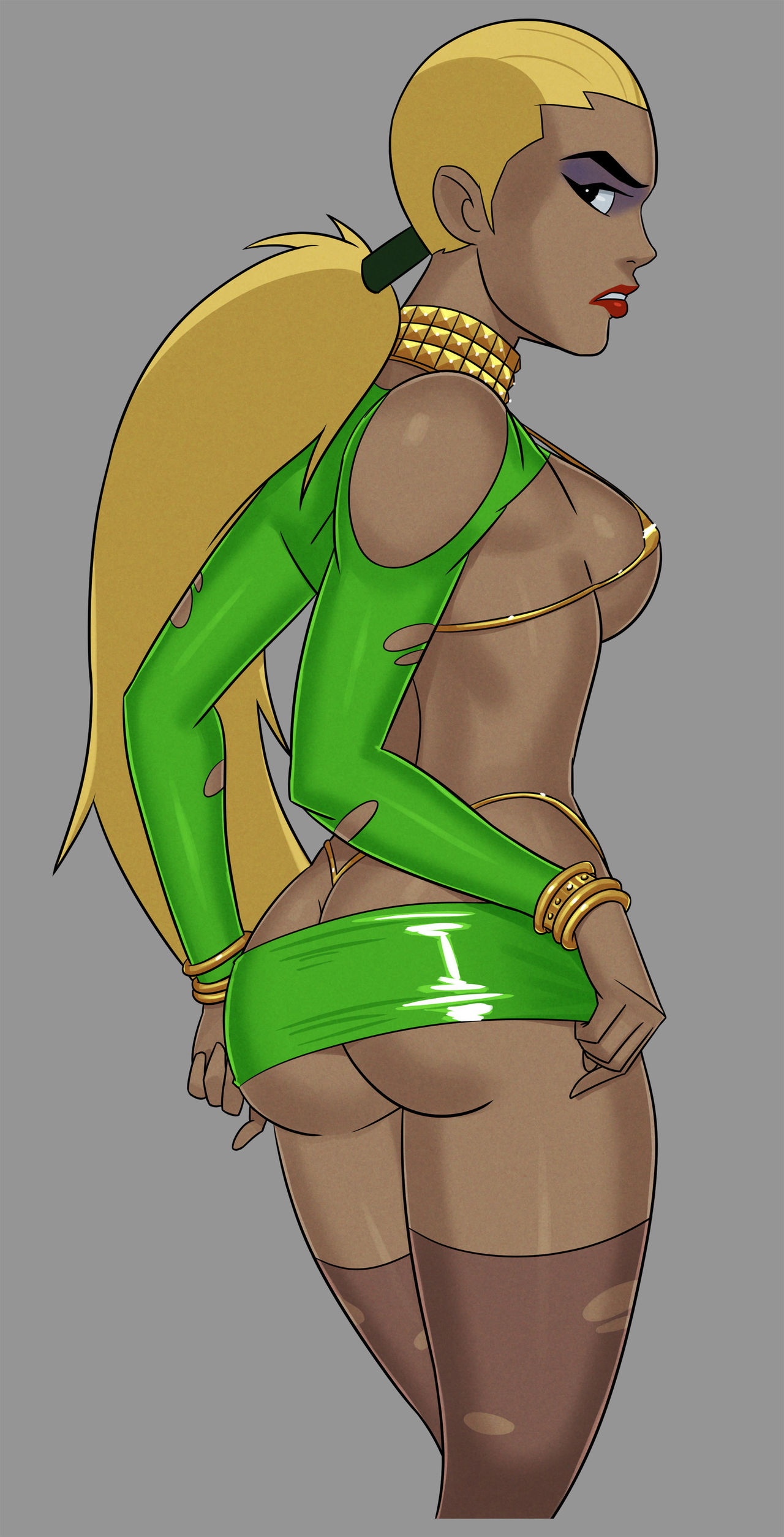 alternate costume, artemis (dc), artemis crock, ass, big breasts, blonde hair, bracelet, breasts, busty, cleavage, collar, dc, dc comics, dcau, eyeshadow, female, female only, g-string, handbag, highleg, jewelry, lipstick, makeup, microskirt, miniskirt, navel, ponytail, prostitution, ribs, skimpy, skimpy clothes, sunsetriders7, thick thighs, thighhighs, thong, whale tail, wide hips, young justice
