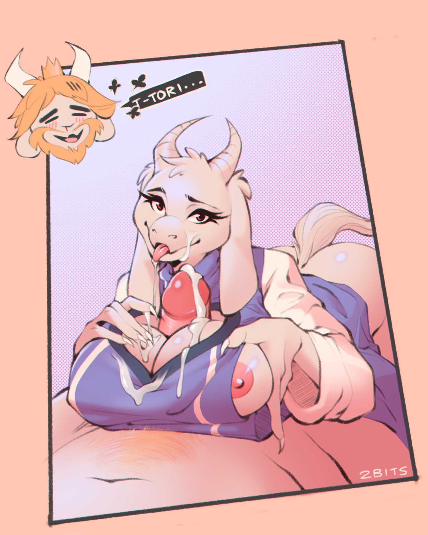 1boy, 1girls, 2bits, anthro, asgore dreemurr, big breasts, bodily fluids, boss monster, bovid, breasts, caprine, cum, cum on breasts, cum on face, cum on tongue, female, fur, furry, furry only, genital fluids, goat, hi res, horn, humanoid penis, male, male/female, mammal, nipples, paizuri, penis, sex, straight, tail, text, titjob, tongue, tongue out, toriel, undertale, video games, white fur
