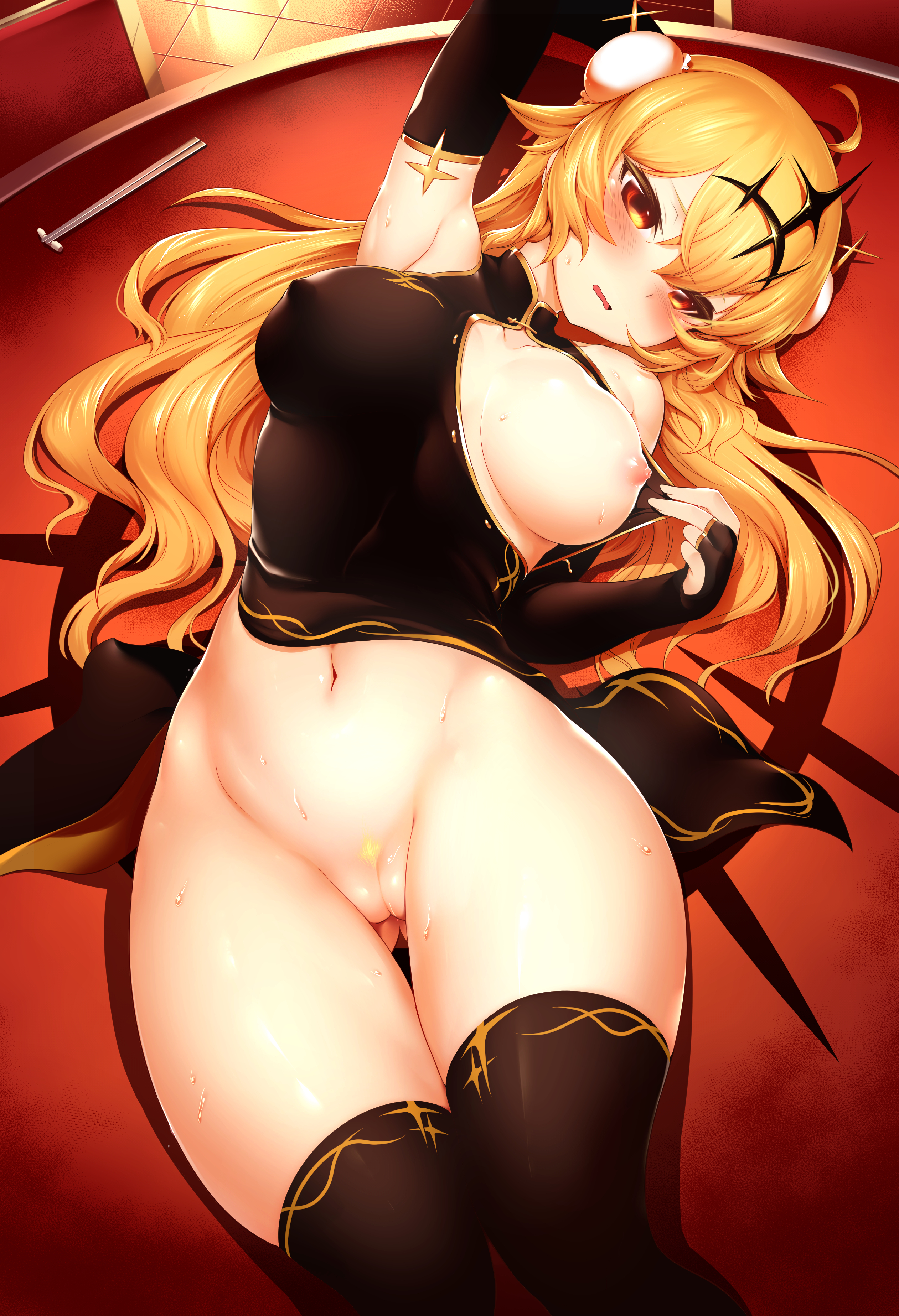 1girls, absurdres, ahoge, arm up, bangs, bare shoulders, black dress, black gloves, black legwear, black rock shooter, blonde hair, blush, breasts, bridal gauntlets, bun cover, chariot (black rock shooter), china dress, chinese clothes, crown, double bun, dress, elbow gloves, eyebrows visible through hair, fanbox reward, female, gloves, hair ornament, highres, large breasts, long hair, looking at viewer, lying, m-da s-tarou, navel, nipples, no bra, no panties, on back, one breast out, open clothes, open dress, open mouth, paid reward, pubic hair, pussy, red eyes, solo, sweat, thighhighs
