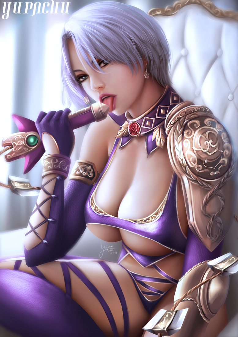 1girls big_breasts breasts cleavage earrings eyeshadow female female_only isabella_valentine large_breasts licking licking_object lipstick looking_at_viewer makeup open_mouth solo soul_calibur thighhighs tongue tongue_out underboob whip_sword yupachu