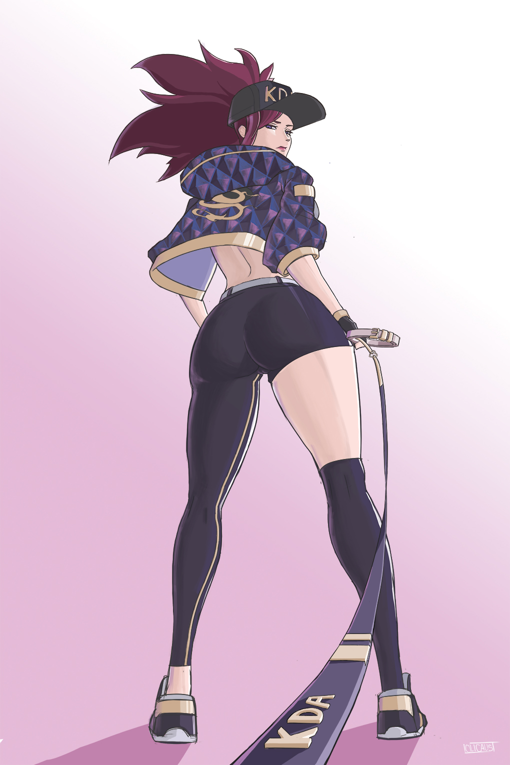 akali, alternative costume, ass, assertive female, collar, disgusted, female, femdom, from below, hat, k/da akali, k/da series, league of legends, leash, leash pull, lolicaust, long hair, looking at viewer, looking back, looking back at viewer, looking down, looking down at viewer, low-angle view, offscreen character, open mouth, ponytail, pov, purple eyes, purple hair, straight, sweat, tied hair, unhappy female, worm's-eye view
