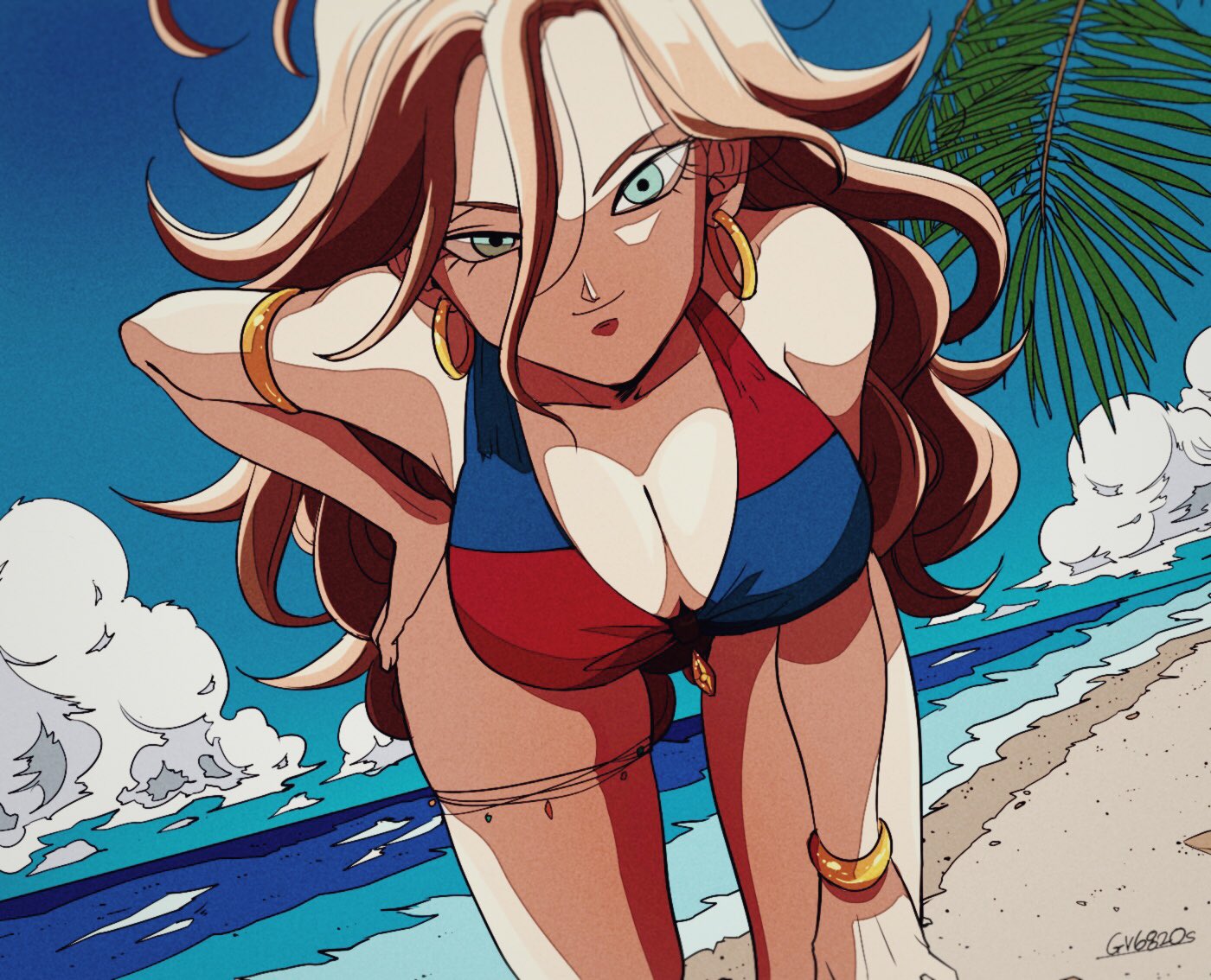 1girls, android 21, android 21 (human), beach, bent over, big breasts, bikini, blue eyes, breasts, brown hair, cleavage, dragon ball, dragon ball fighterz, dutch angle, earrings, female, hoop earrings, human, leaning forward, looking at viewer, outside, thighs, very long hair