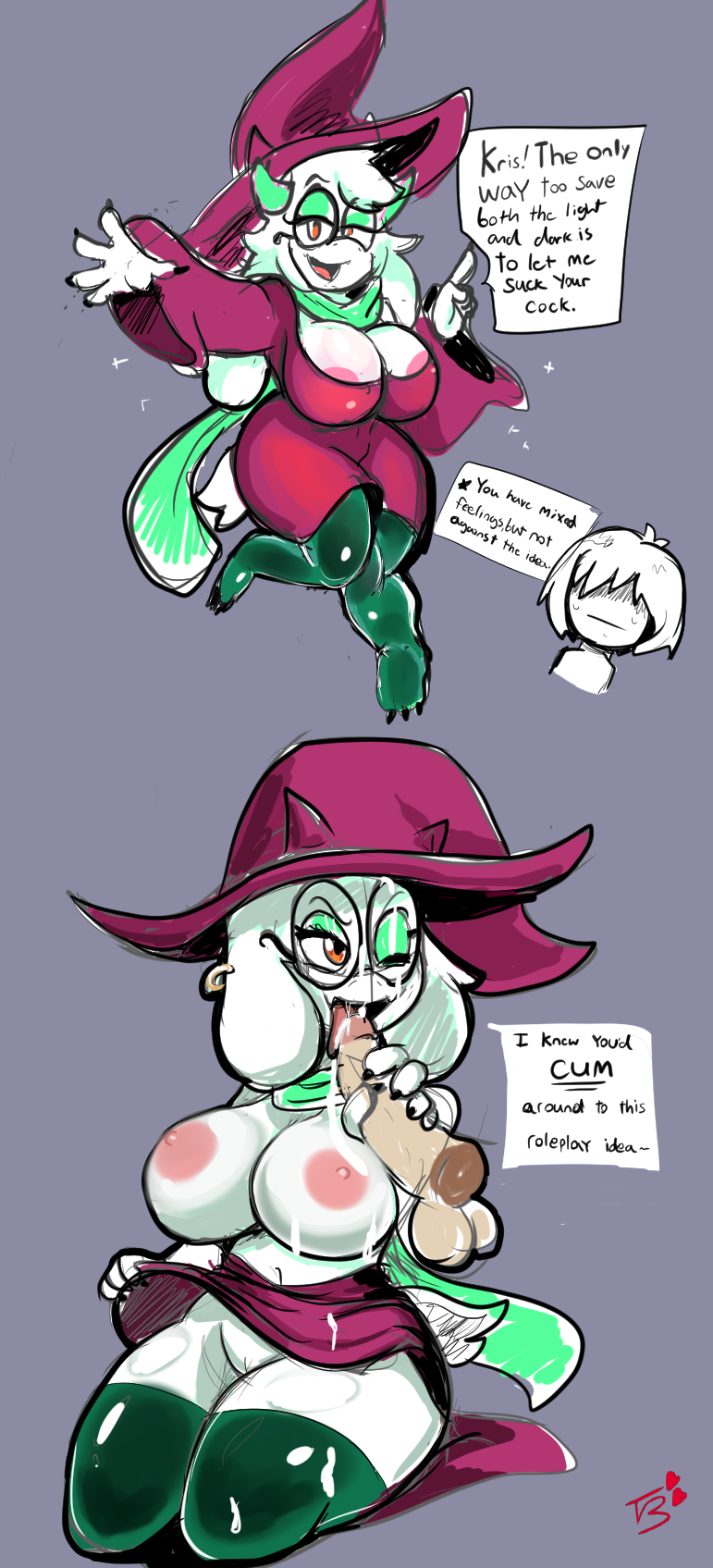 anthro, ass, balls, big ass, big breasts, big butt, bodily fluids, bovid, breasts, caprine, clothing, cosplay, cum, deltarune, digital media (artwork), duo, english text, erection, faceless male, fellatio, female, fur, genital fluids, goat, huge breasts, humanoid genitalia, humanoid penis, kris (deltarune), leggings, legwear, male, mammal, nipples, nude, open mouth, oral, penile, penis, roleplay, sex, simple background, smile, straight, text, thick thighs, tinsel (character), tinselbar22, tongue, toriel, wide hips