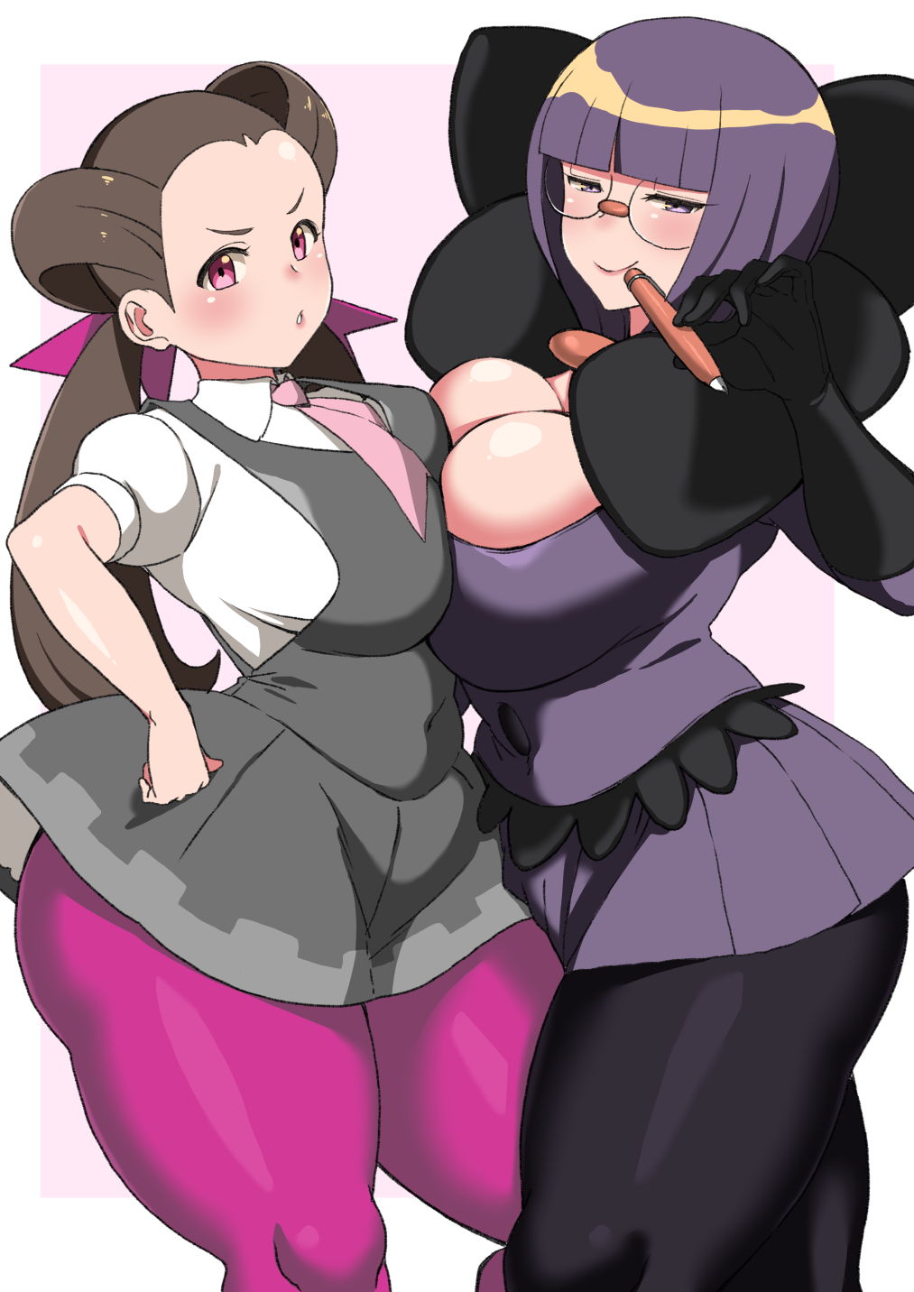 2girls alternate_breast_size anís_(pokémon) bedroom_eyes bottom_heavy breast_frottage breast_press breasts chubby cleavage clothed dress elite_four eye_contact female_only glasses gloves gym_leader half-closed_eyes huge_ass huge_breasts human human_only komusou_(jinrikisha) leggings long_hair looking_at_viewer nintendo overweight overweight_female pink_eyes plump pokemon pokemon_bw pokemon_masters pokemon_oras pokemon_rse roxanne_(pokemon) roxanne_(pokemon_oras) seductive shauntal_(pokemon) short_hair short_purple_hair smug thick_thighs tsutsuji_(pokemon) wide_hips