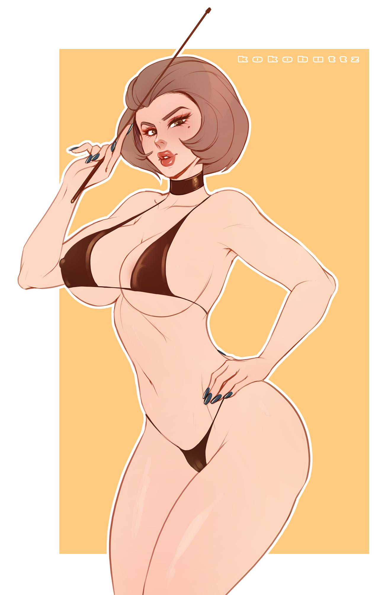 1girls, artist name, bikini, black bikini, black nails, breasts, brown eyes, brown hair, choker, covered nipples, female, female only, fire emblem, fire emblem: three houses, kokobuttz, large breasts, manuela casagranda, mature, mature female, milf, mole, mole under eye, nail polish, naughty face, nintendo, nipple bulge, pointer, seductive, seductive smile, smile, solo, teacher, thick lips, thick thighs, underwear, watermark