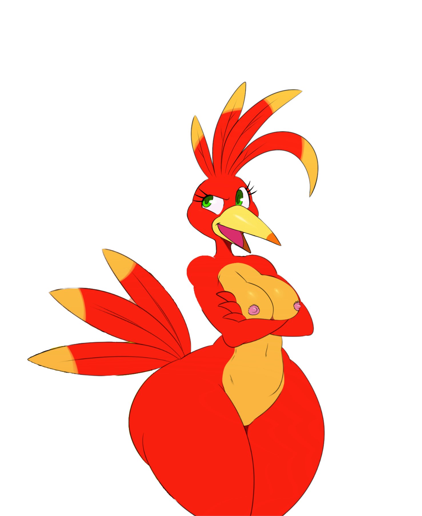 avian, banjo-kazooie, beak, breasts, edit, feathered tail, female, green eyes, kazooie, nipples, nude, simple background, sssonic2, thick thighs