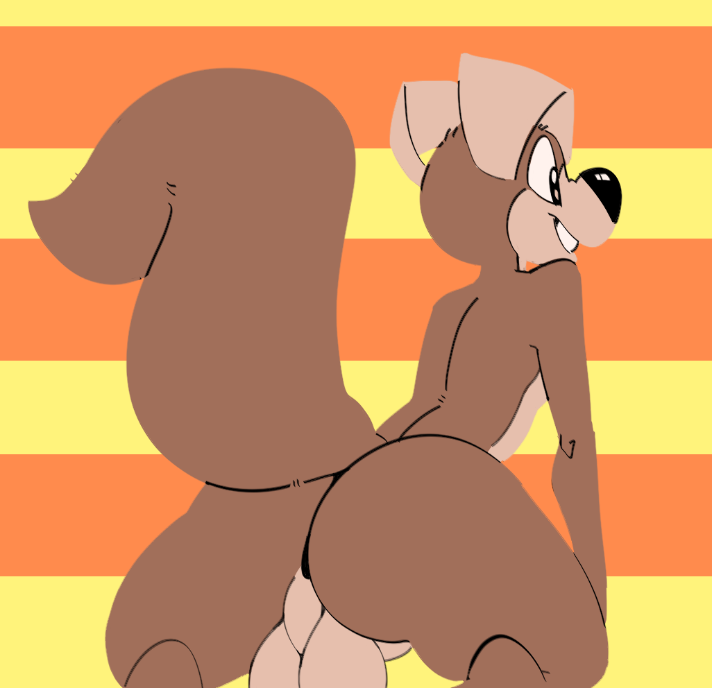 1boy anthro ass balls big_butt big_tail brown_fur canid canine canis domestic_dog fur hi_res kom komdog komponi male male_only mammal nude presenting simple_background smile solo solo_male toes