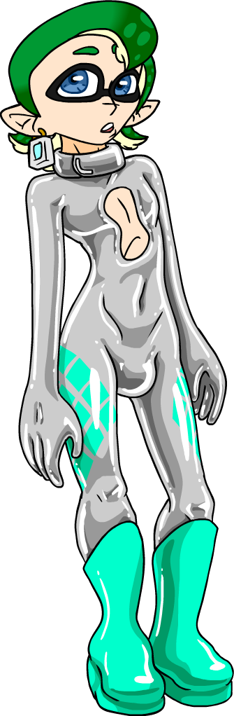 1boy 2019 blue_eyes boots bulge collar digital_media_(artwork) earrings green_hair inkling latex latex_boots latex_suit looking_at_viewer male male_only nipples shennanigma solo splatoon standing transparent_background