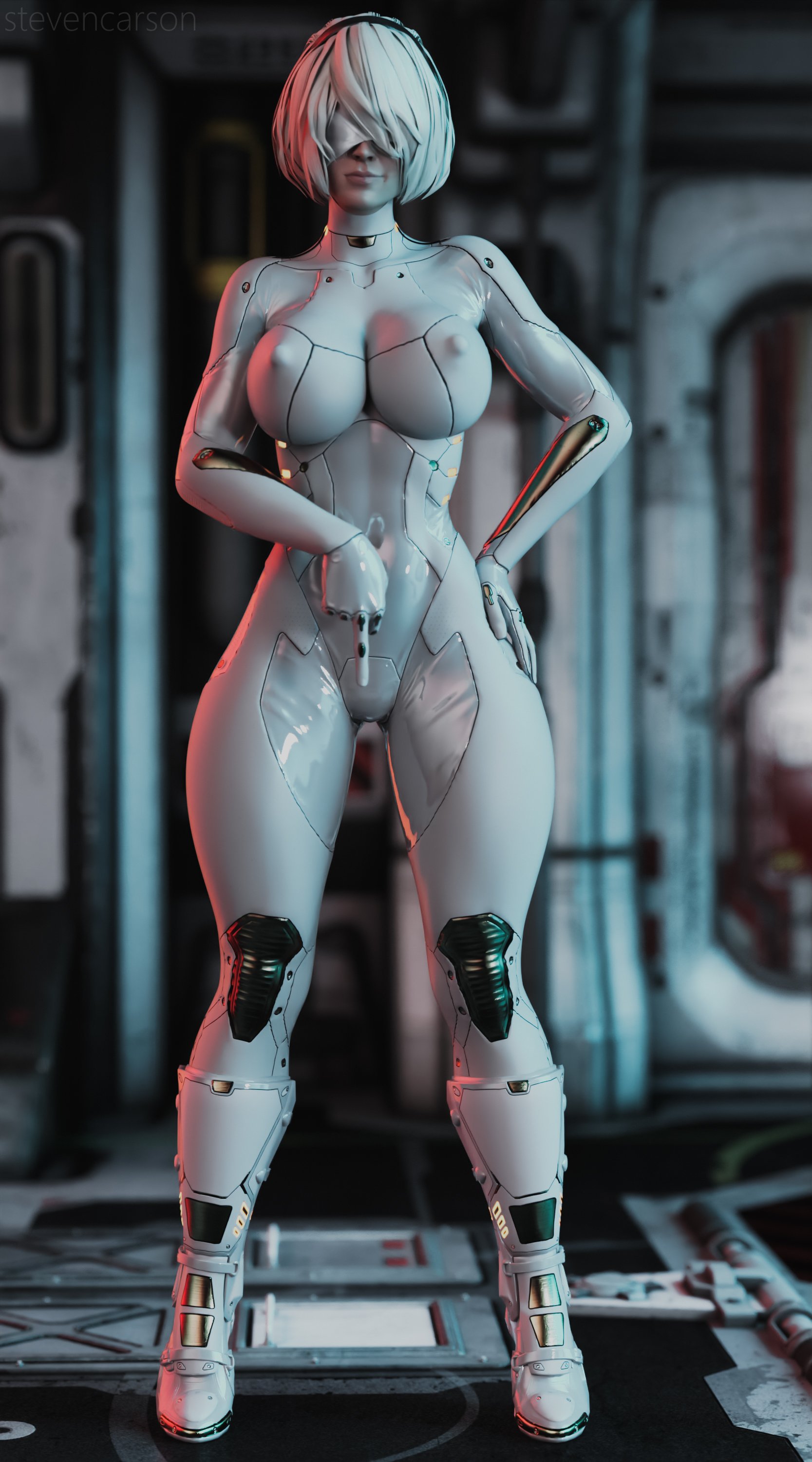 1girls, 3d, big breasts, breasts, cleavage, female, female only, large breasts, latex, latex gloves, latex suit, latex thighhighs, nier, nier: automata, nipple bulge, nipples, solo, spread legs, standing, stevencarson, yorha 2b