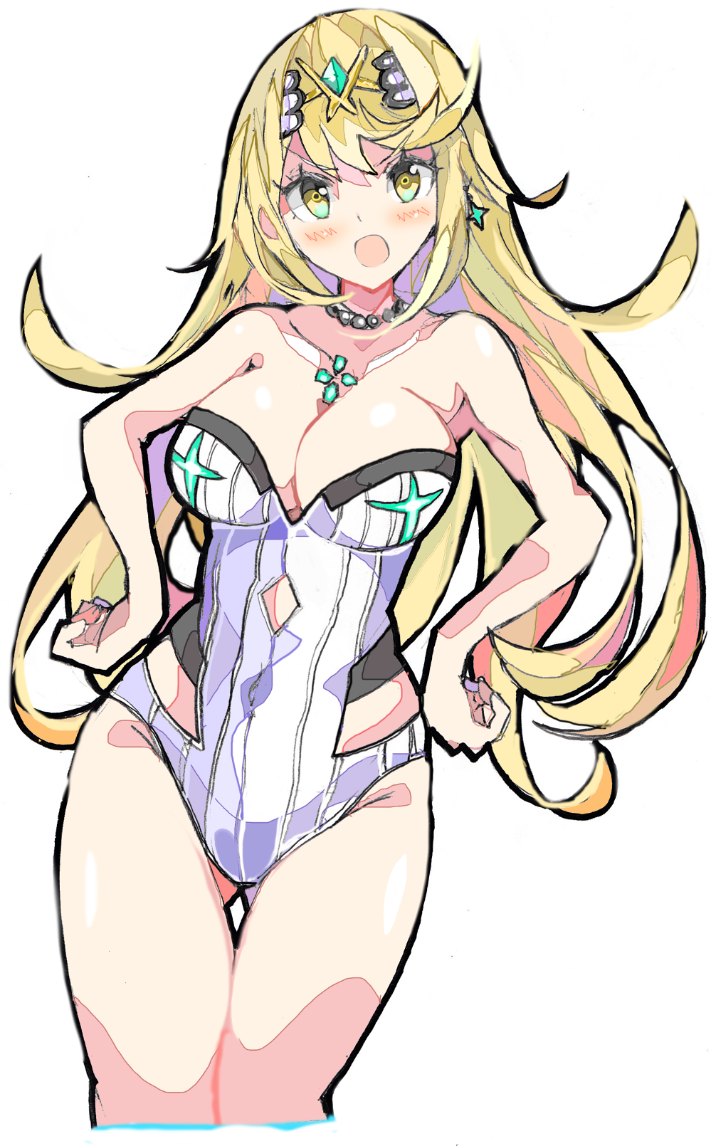 1girls angry armpits bangs bare_shoulders blonde_hair blush breasts cleavage cute enpe eye_contact gem highres jewelry large_breasts long_hair looking_at_viewer mythra_(xenoblade) nintendo one-piece_swimsuit open_mouth pose shiny shiny_skin simple_background sketch solo swimsuit thick_thighs thigh_gap thighs tsundere very_long_hair white_background wide_hips xenoblade_(series) xenoblade_chronicles_2 yellow_eyes