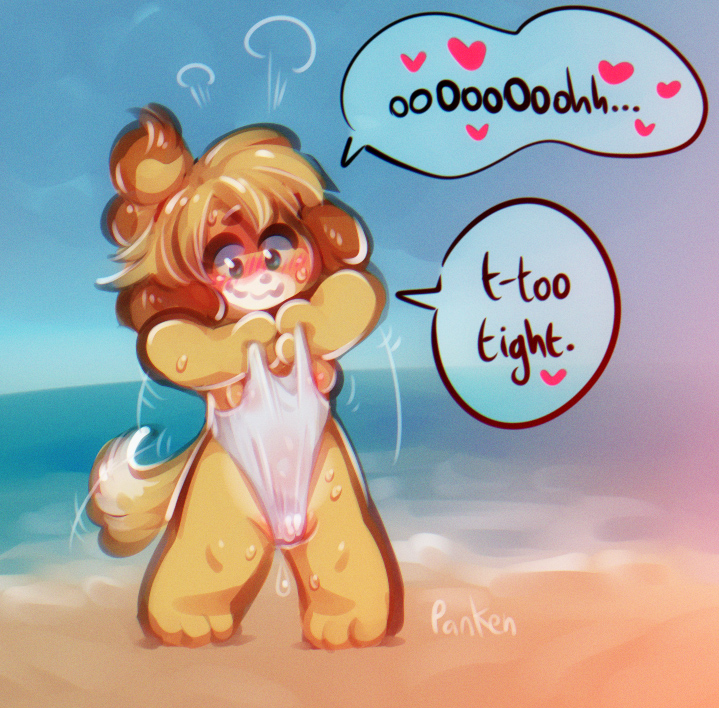 :3 animal_crossing anthro beach blush bodily_fluids breasts cameltoe clothing detailed_background english_text female fur heart isabelle_(animal_crossing) looking_down looking_pleasured naughty_face nintendo nipples panken sea seaside side_boob smile solo speech_bubble standing sweat swimsuit swimwear text video_games water wavy_mouth wedgie yellow_fur