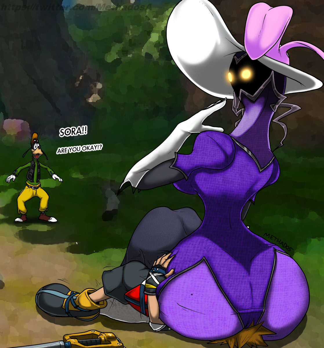 ass, black skin, disney, facesitting, female, femdom, goofy, goofy (disney), heartless, kingdom hearts, male, oddrich, parasol, parasol beauty, smothering, sora, sora (kingdom hearts), square enix