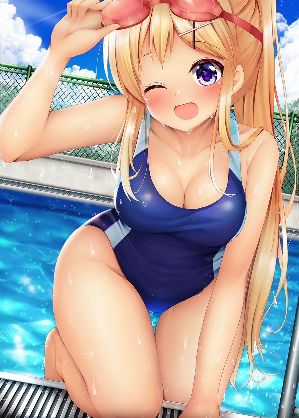 1girls ;d arm_support arm_up bangs bare_shoulders blonde_hair blue_sky blue_swimsuit blush breasts cleavage cloud competition_swimsuit fence groin hair_ornament hairclip kin-iro_mosaic kujou_karen long_hair one-piece_swimsuit one_eye_closed open_mouth outside pool purple_eyes sidelocks sky smile swimsuit thigh_gap thighs very_long_hair water wet