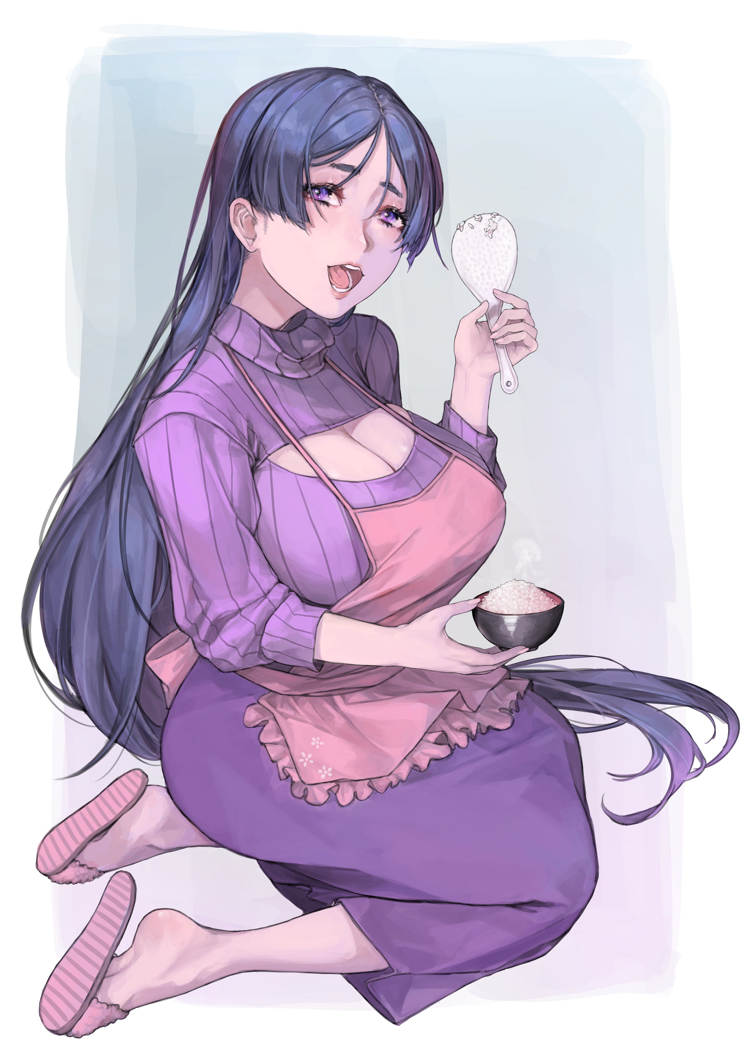 1girls, alternate breast size, apron, bangs, bow, bowl, breasts, cleavage, cleavage cutout, clothed, curvy, eye contact, fate (series), fate/grand order, feet, female, half-closed eyes, holding, housewife, huge breasts, large breasts, long hair, looking at viewer, milf, minamoto no raikou (fate/grand order), open mouth, parted bangs, purple eyes, purple hair, purple skirt, purple sweater, ribbed sweater, rice, seiza, slippers, soles, sweater, very long hair, wide hips