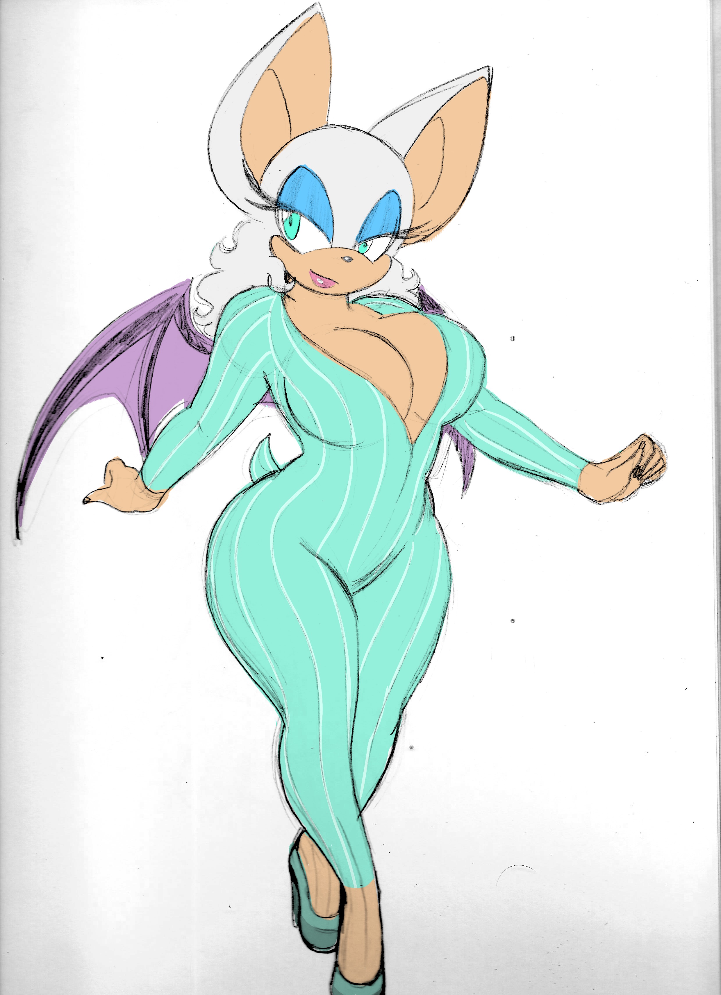 1girls, animal ears, anthro, barely contained, barely contained breasts, barely fits, bat wings, blue eyes, bodysuit, breasts, cleavage, female, female only, furry, high heels, large breasts, lipstick, looking to the side, makeup, mascara, omegasunburst, rouge the bat, sega, smile, sonic (series), tail, tight fit, wings