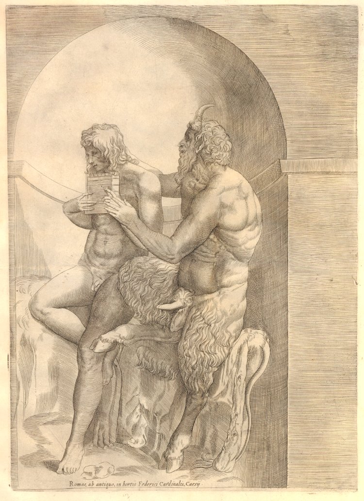 balls beard boner daphnis duo erection fictional_interracial flaccid gay greek_mythology half-erect hooves horn human male male/male male_on_male male_only monochrome musical_instrument pan pan_(deity) pan_(mythology) penis pointy_ears pubes satyr