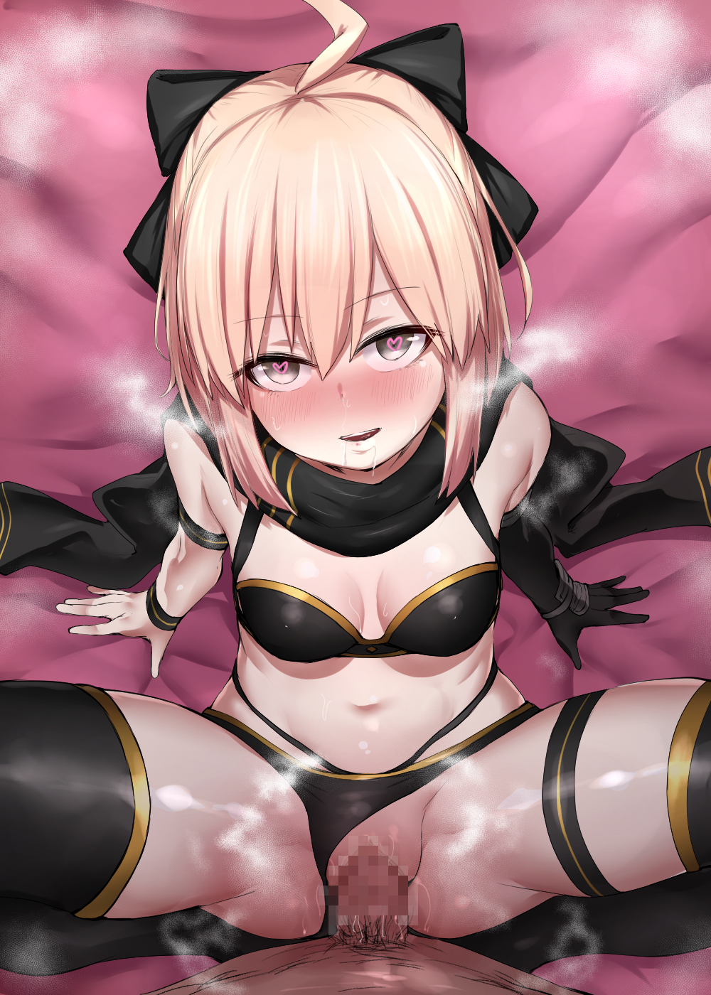 013_(hamsasuke) 1boy ahoge arm_support bangs bare_shoulders bikini black_bikini black_scarf blonde_hair blush breasts breasts_apart censored erection eyebrows_visible_through_hair fate_(series) female heart heart-shaped_pupils highres looking_at_viewer male_pubic_hair mosaic_censoring nose_blush okita_souji_(fate)_(all) okita_souji_(swimsuit_assassin)_(fate) open_mouth penis pov pubic_hair scarf sex single_bare_arm small_breasts solo_focus spread_legs straight swimsuit symbol-shaped_pupils vaginal_penetration