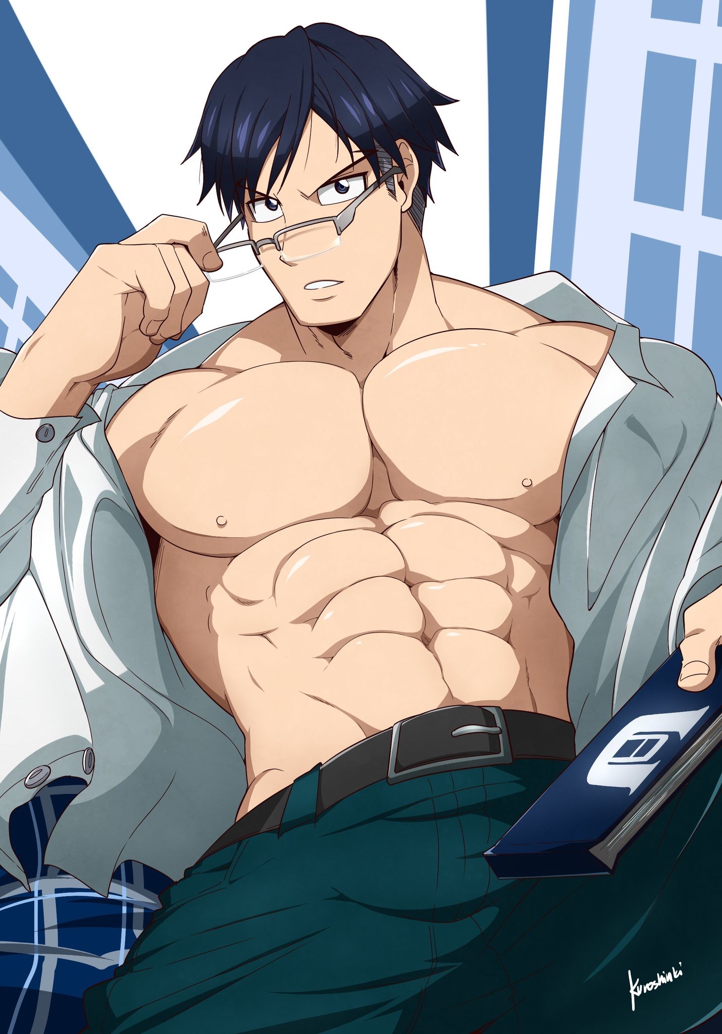1boy, abs, bara, belt, big muscles, black hair, blue eyes, eight pack, glasses, glasses removed, holding object, huge pecs, human, human only, inviting, kuroshinki, male, male focus, male nipples, male only, muscles, my hero academia, nipples, open shirt, pants, pecs, seductive, seductive look, shirtless, short hair, six pack, solo, solo male, tenya iida, topless, unbuttoned, undercut, yaoi