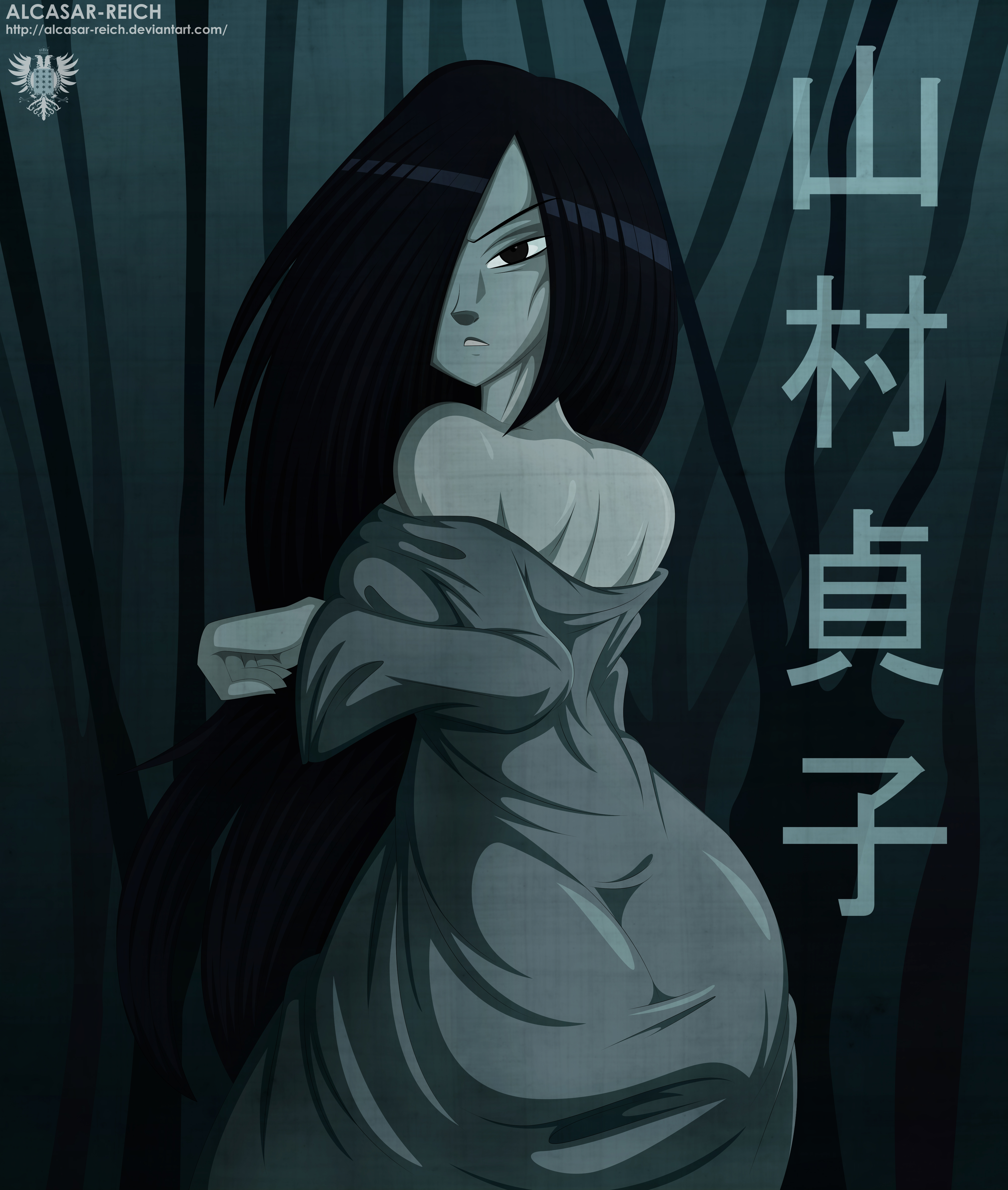 1girls, alcasar-reich, ass, back, bare shoulders, big ass, big breasts, black eyes, black hair, breasts, clothed, clothes, clothing, deviantart, dress, eye contact, female, female only, frown, ghost, ghost girl, grey background, grey skin, hair over one eye, half-closed eyes, large breasts, long hair, looking at viewer, looking back, no bra, off shoulder, outdoors, pale skin, presenting hindquarters, sideboob, solo, standing, teeth, text, the ring, thick thighs, url, very long hair, watermark, wide hips, yamamura sadako