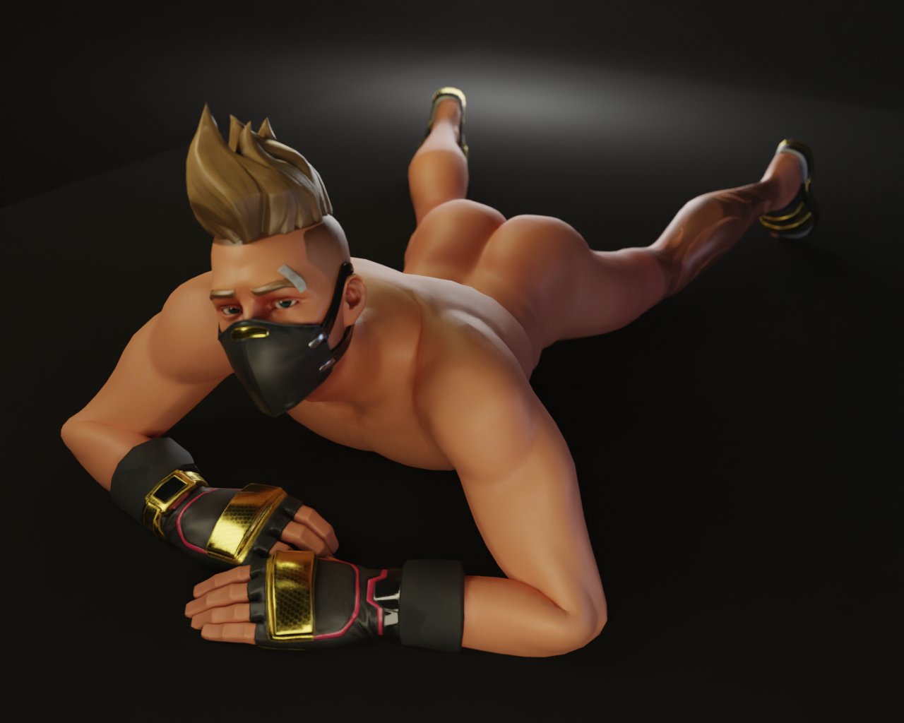 1boy, 3d, ass, ass focus, ass up, bandaid, blonde hair, drift (fortnite), fingerless gloves, flip flops, fortnite, gay, gay male, male, male only, mask, solo, solo focus, solo male, tagme