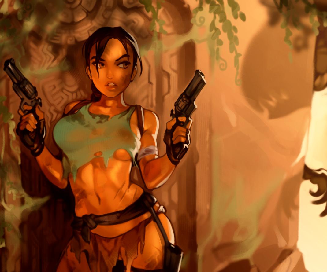 1girls abs action_pose areolae bag belt breasts busty clothing crop_top dual_wielding erection female firearm gun guns handgun handwear human hypnosis lara_croft lara_croft_(classic) loincloth male mind_control navel nipples optionaltypo pistol revolver ripped_clothing shirt_lift thick_thighs tomb_raider underboob weapon wide_hips