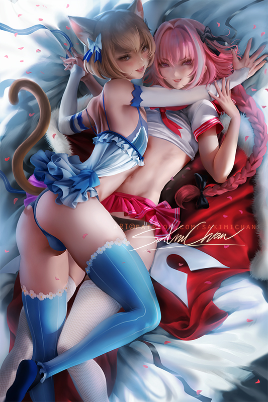 2boys, ass, astolfo (fate), bulge, fate (series), fate/grand order, felix argyle, femboy, girly, looking at viewer, male, male only, panties, re:zero kara hajimeru isekai seikatsu, sakimichan, thighhighs, trap, yaoi